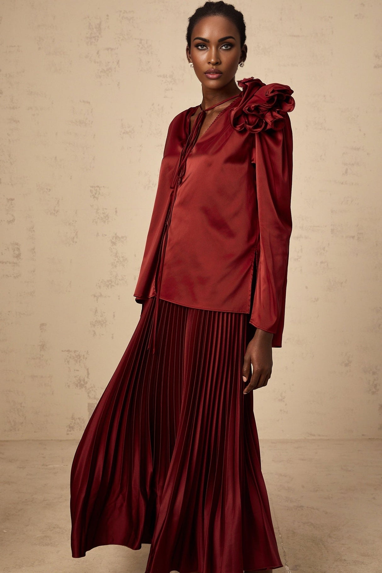 Rosalia Blouse & Skirt Flower Applique Satin Chocker Set