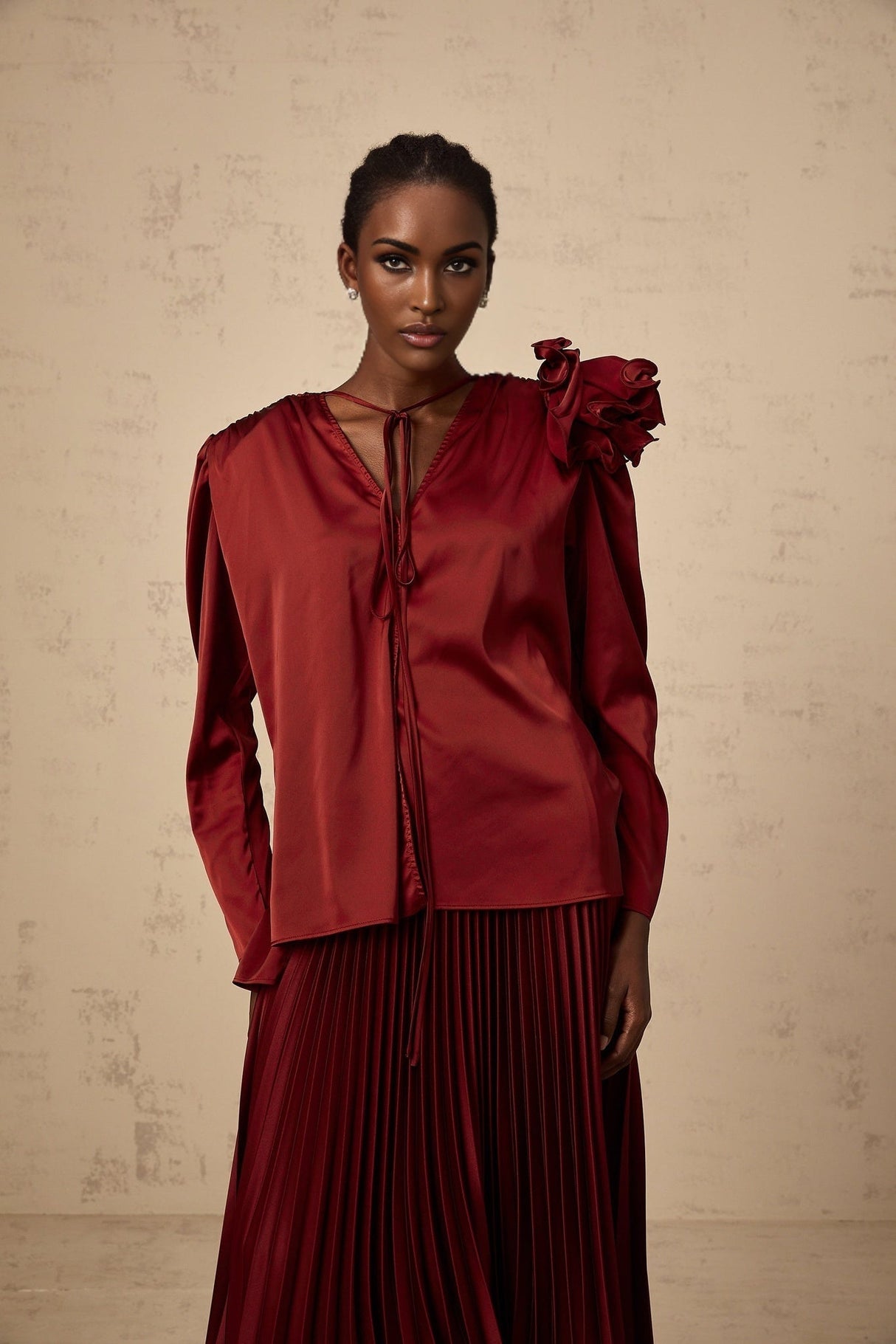 Rosalia Blouse & Skirt Flower Applique Satin Chocker Set