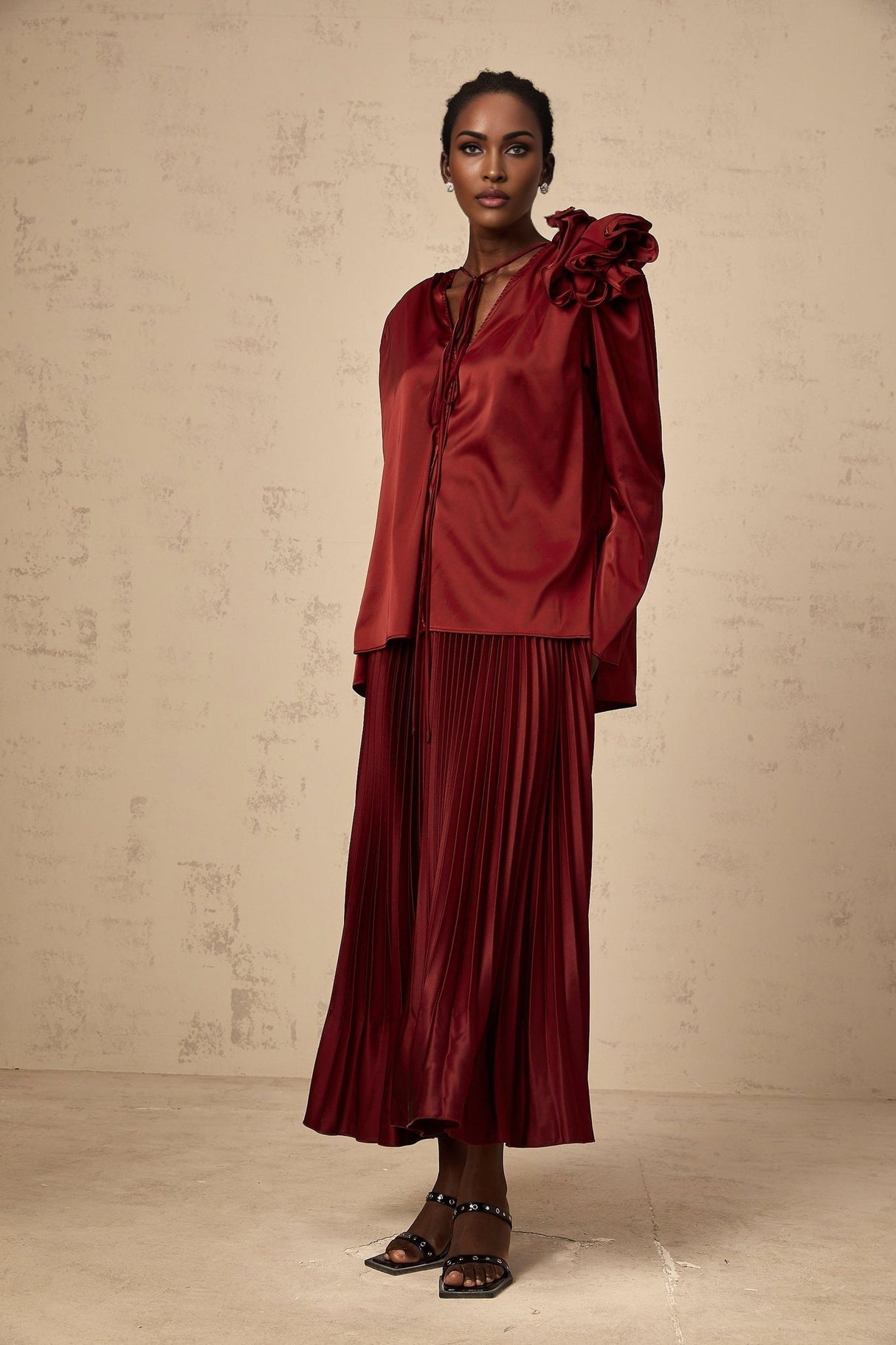 Rosalia Blouse & Skirt Flower Applique Satin Chocker Set