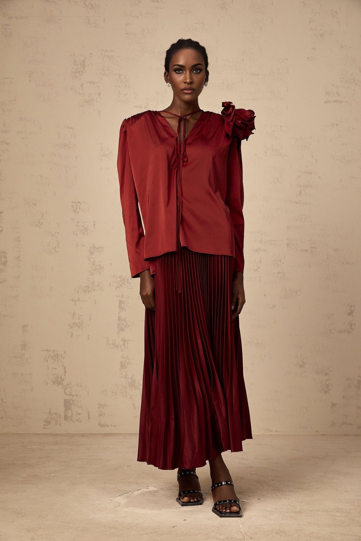 Rosalia Blouse & Skirt Flower Applique Satin Chocker Set