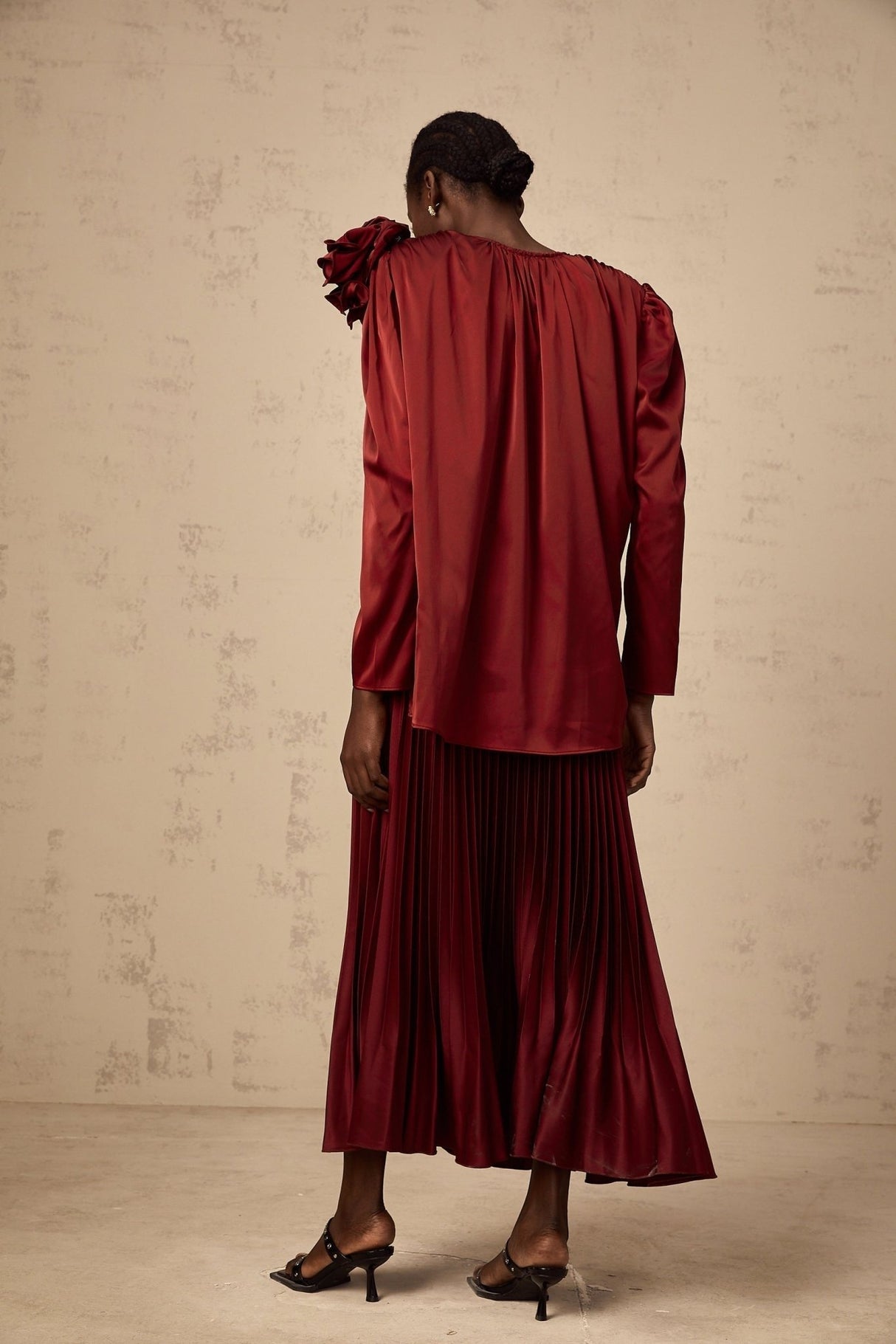 Rosalia Blouse & Skirt Flower Applique Satin Chocker Set