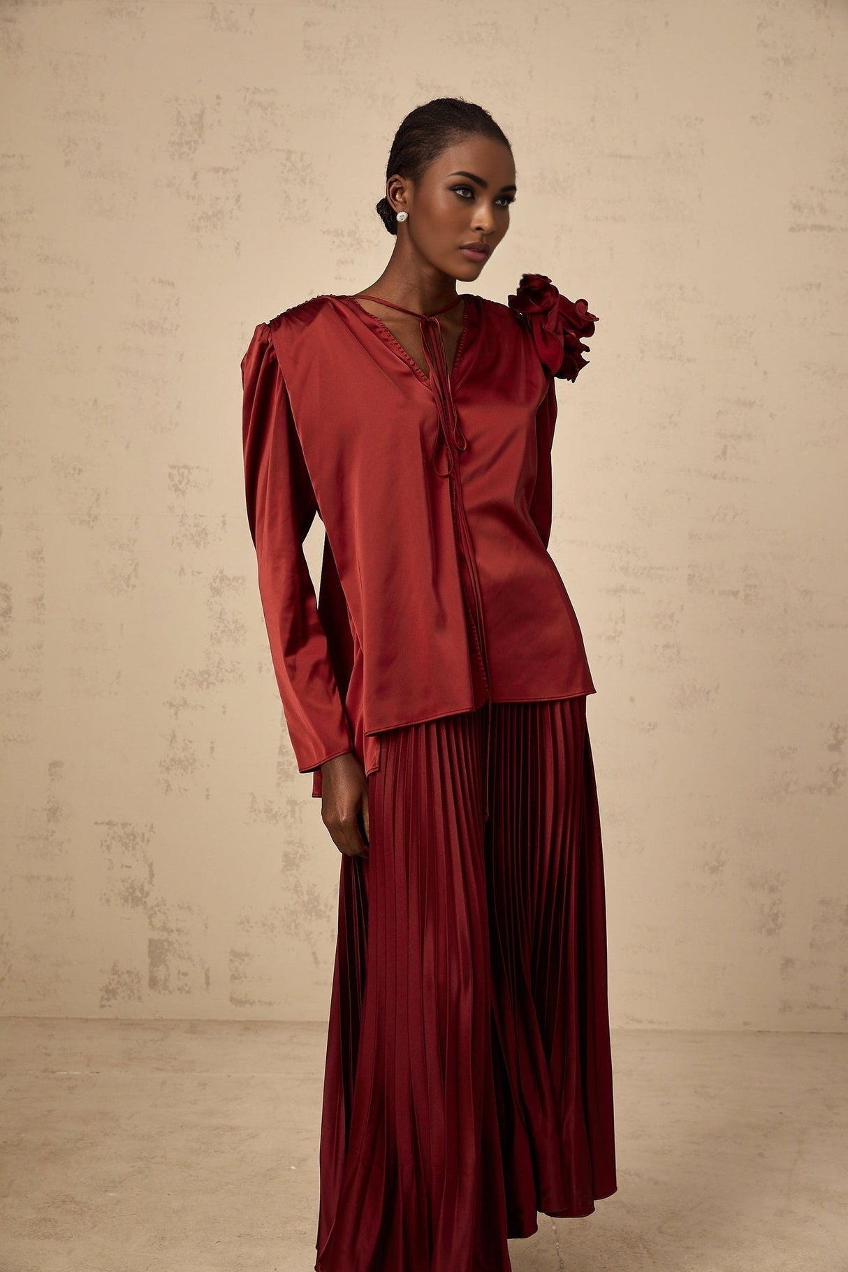 Rosalia Blouse & Skirt Flower Applique Satin Chocker Set