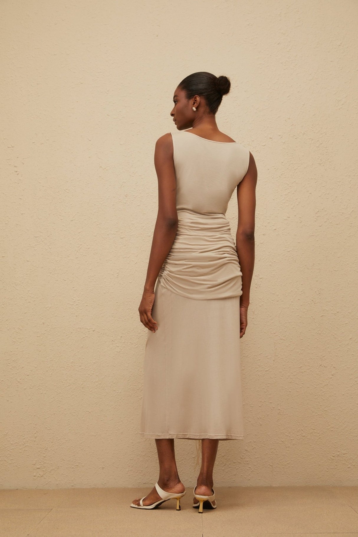 Rosalia Midi Dress - Cowl Neck - Cinched Waist - Ruched & Fringed Detailing - Draped Asymmetrical Hem