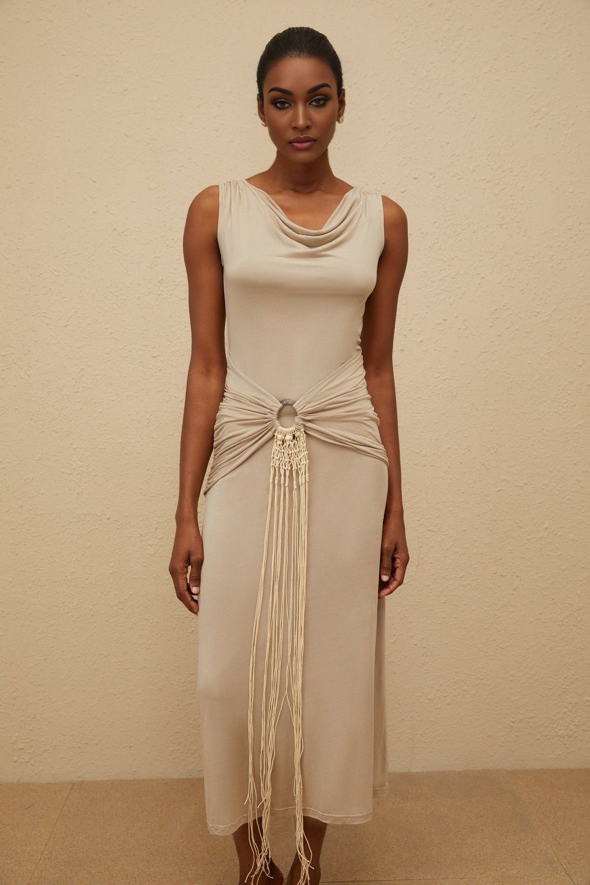 Rosalia Midi Dress - Cowl Neck - Cinched Waist - Ruched & Fringed Detailing - Draped Asymmetrical Hem