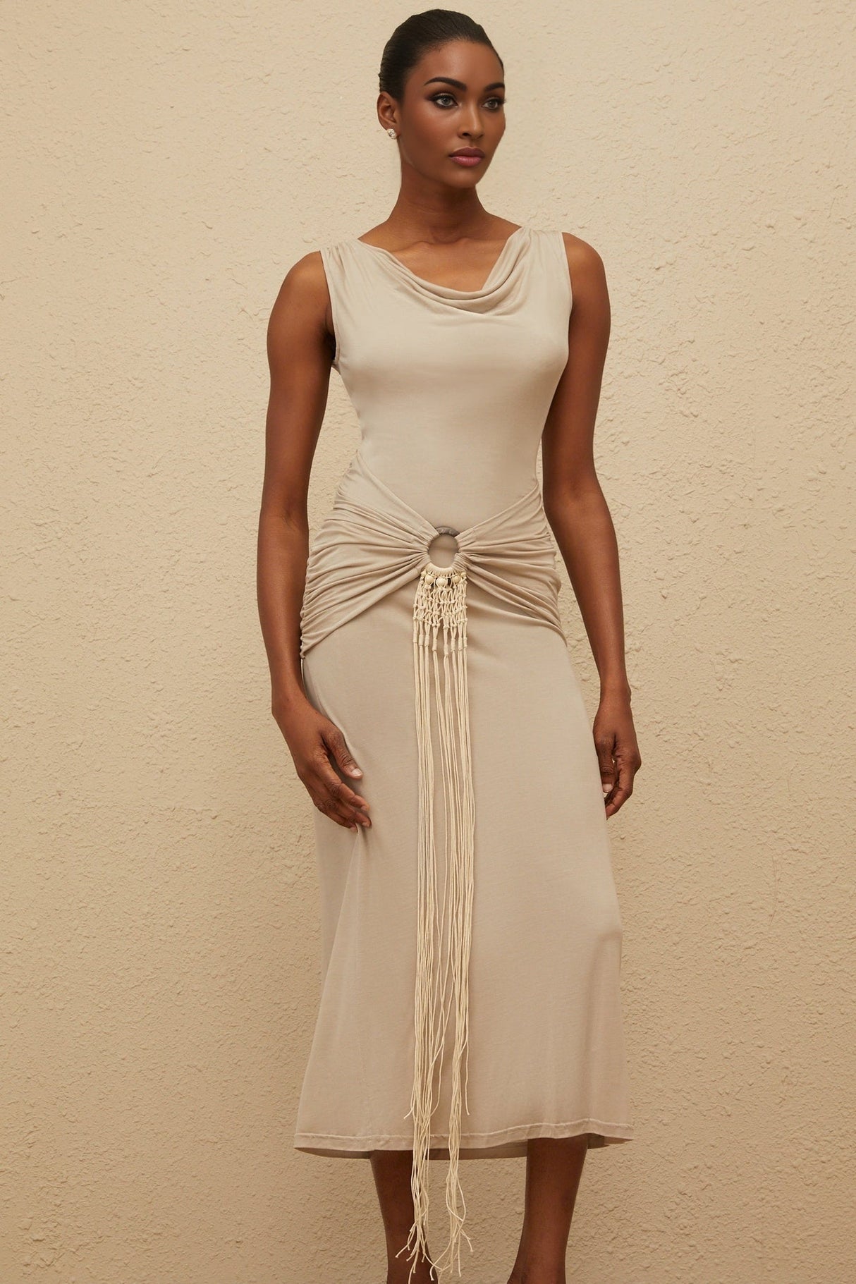 Rosalia Midi Dress - Cowl Neck - Cinched Waist - Ruched & Fringed Detailing - Draped Asymmetrical Hem
