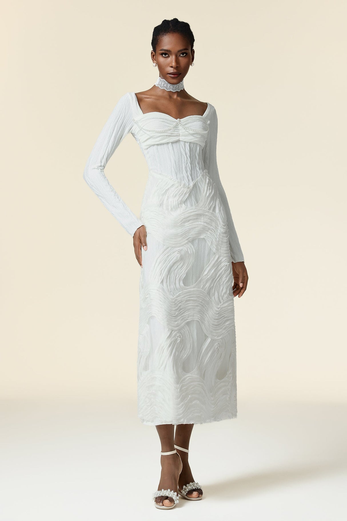 Rosalia White Draped Top Dress with Long Sleeves and Structured Neckline