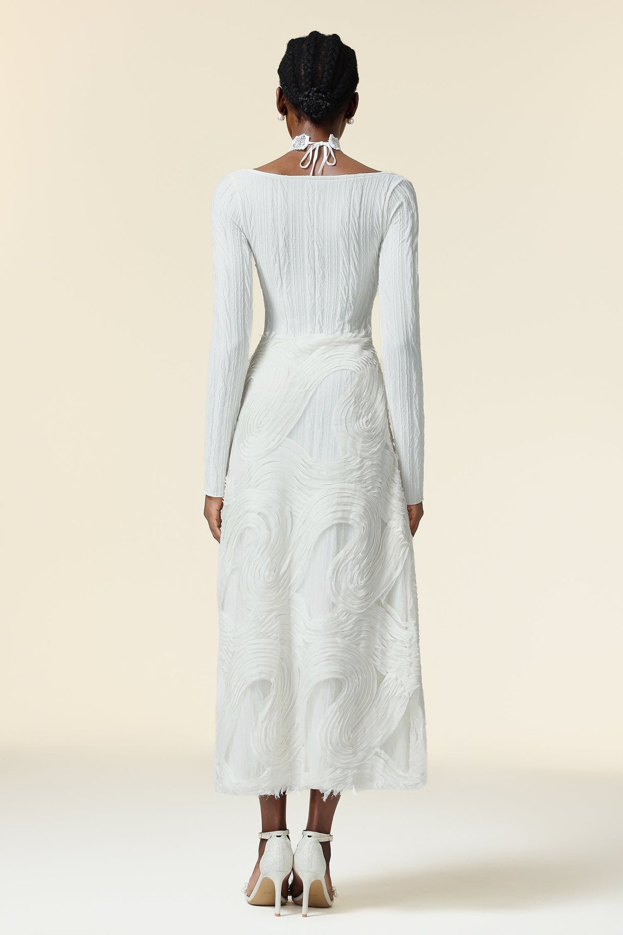 Rosalia White Elegant Draped Dress with Long Sleeves and Structured Neckline