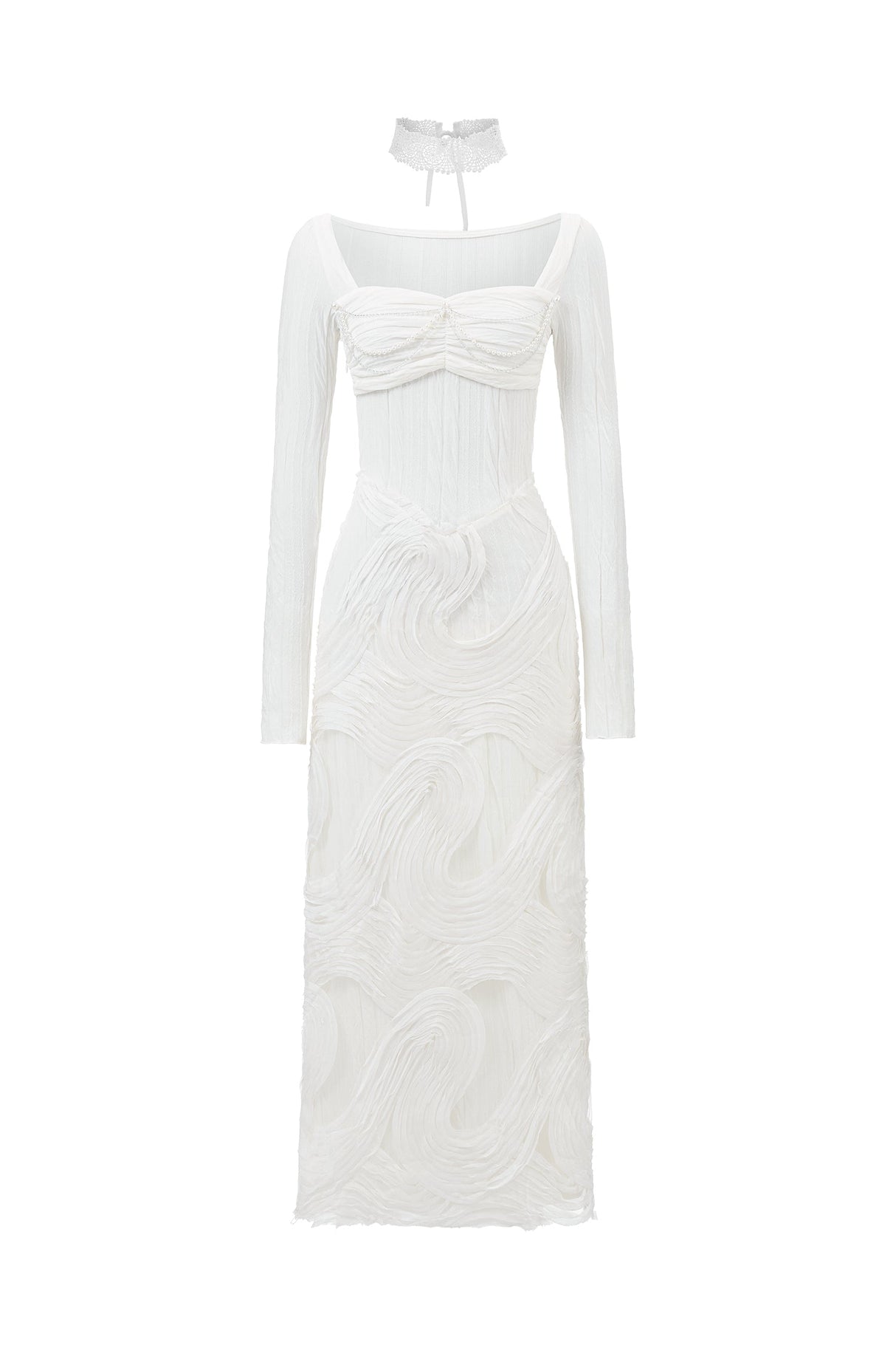Rosalia White Elegant Draped Dress Long Sleeves Structured Neckline High Quality Materials Versatile Sophisticated Flowing Design