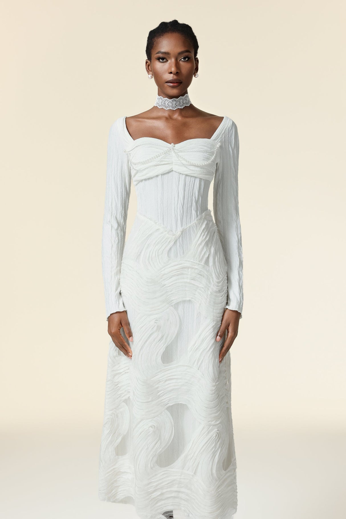 Rosalia White Elegant Draped Neckline Long Sleeve Dress