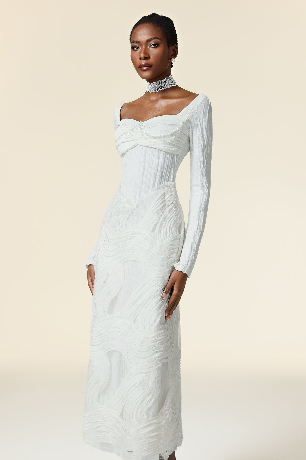 Rosalia White Elegant Dress Silhouette Draped Top Long Sleeves High Quality Materials Versatile Sophisticated Flowing Design Captivating Look