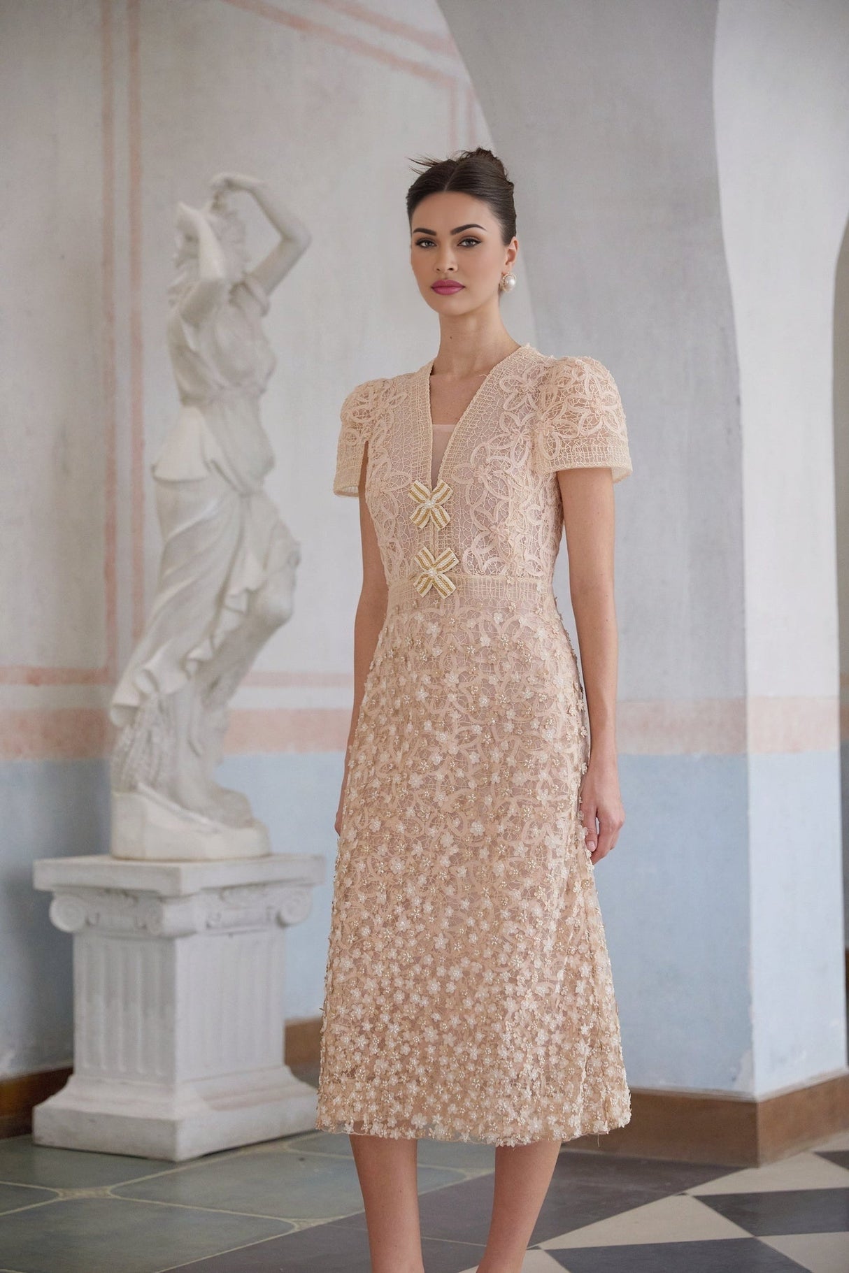Rosalie Midi Dress with Bead Embellishment and Crochet Design