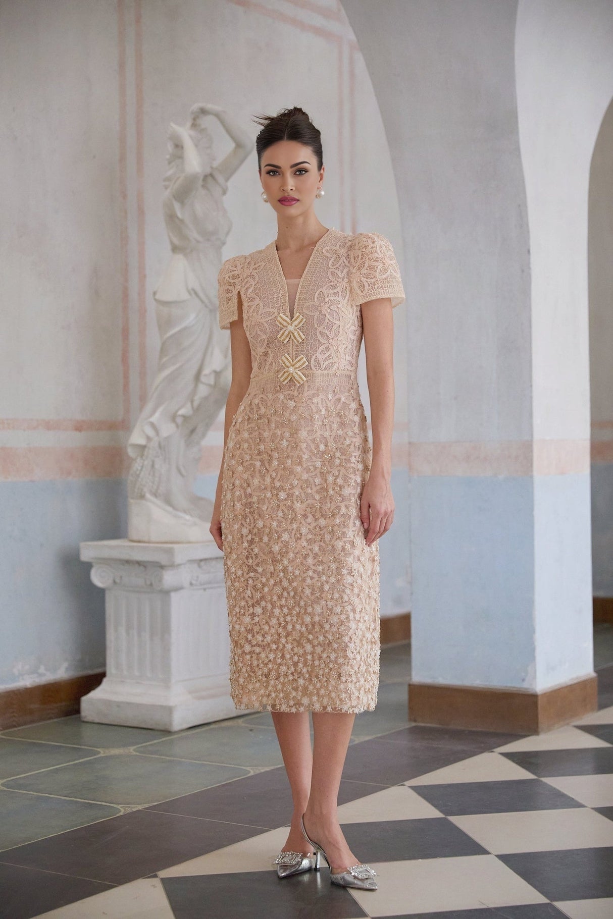 Rosalie Midi Dress with Bead Embellishment and Crochet Design