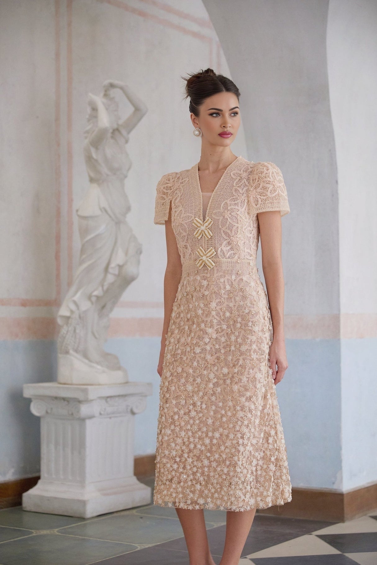Rosalie Midi Dress with Bead Embellishment and Crochet Design