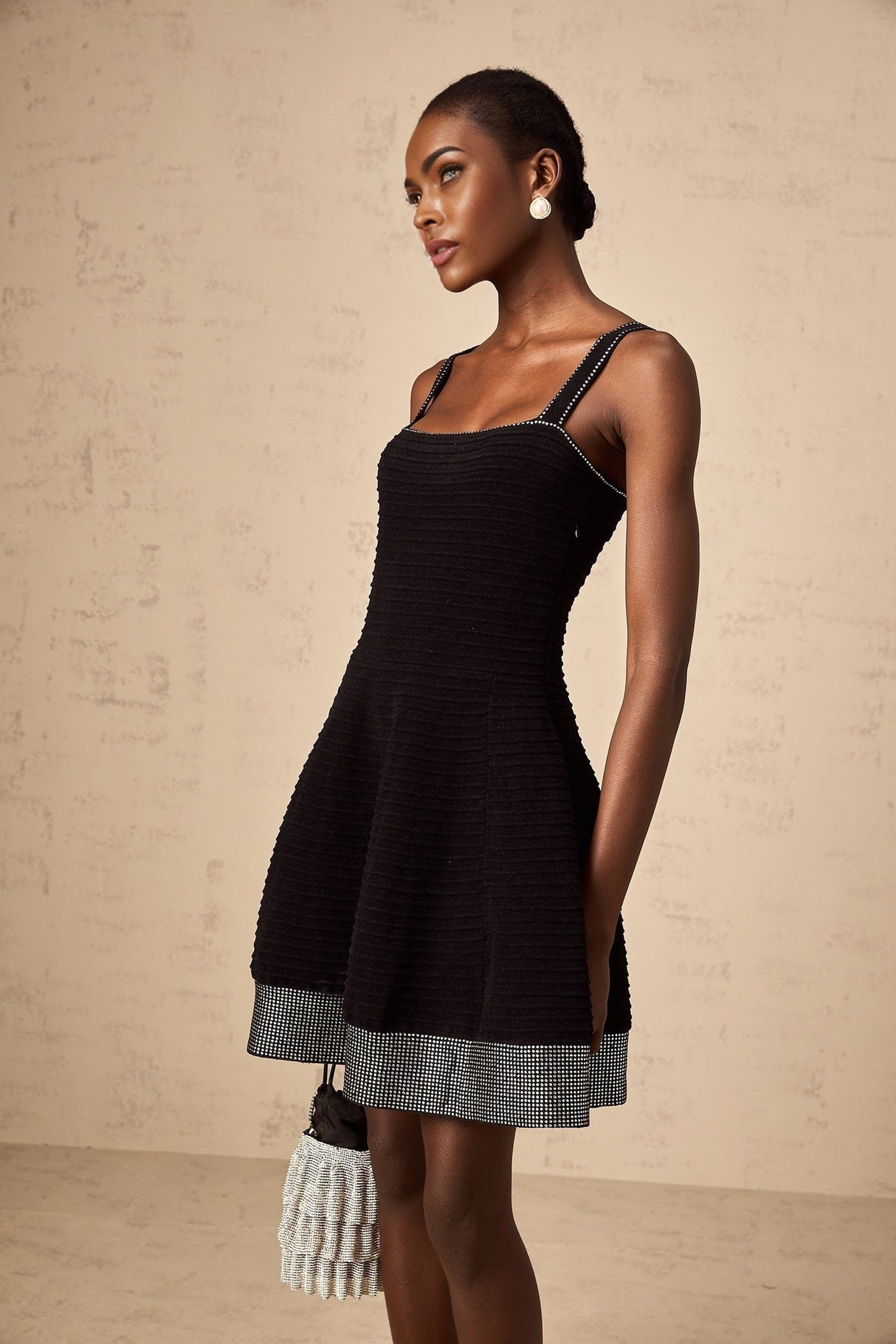 Rosalie Mini Dress Black Stud Flared Square Neck Knit