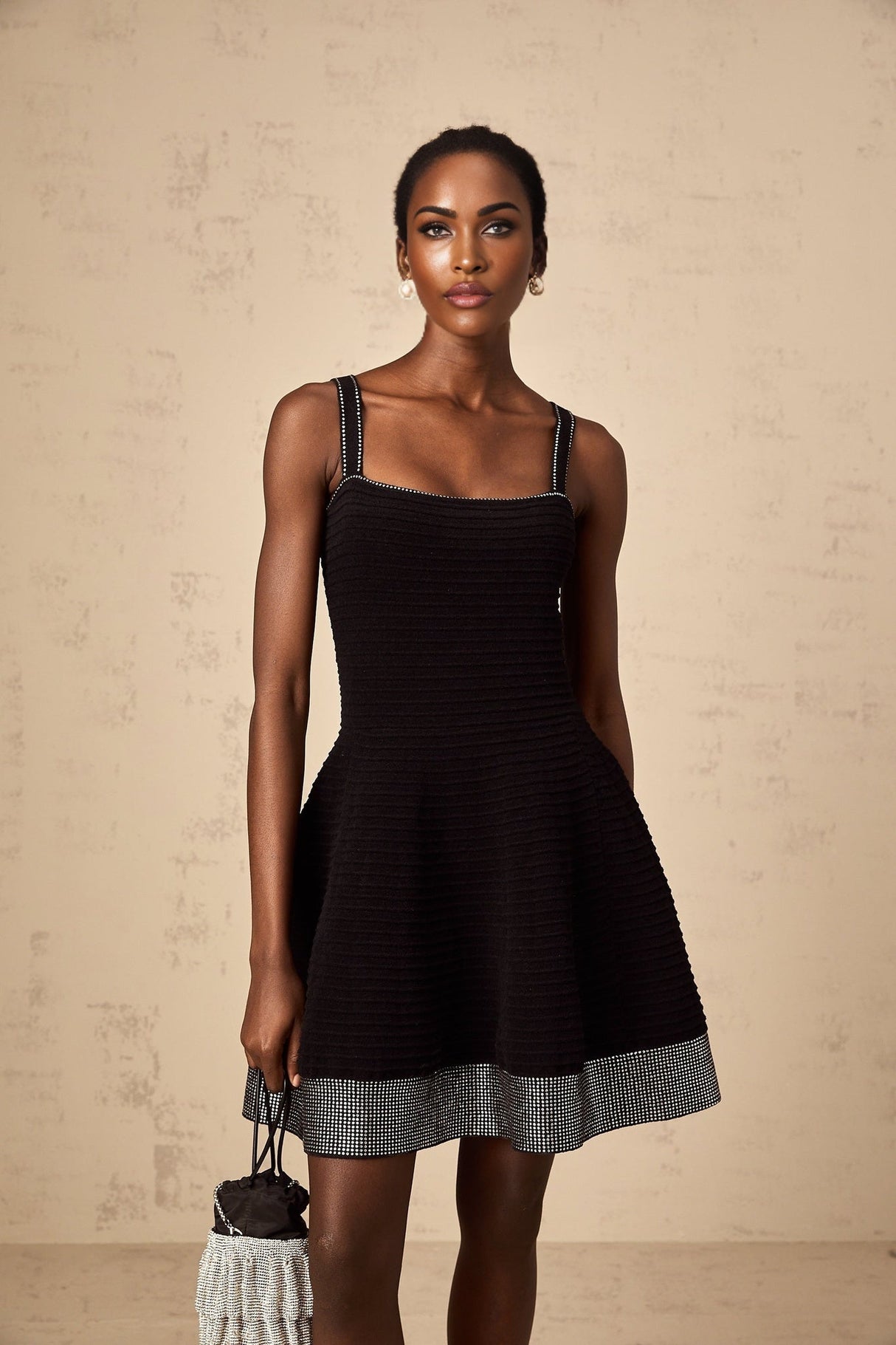 Rosalie Mini Dress Black Stud Flared Square Neck Knit