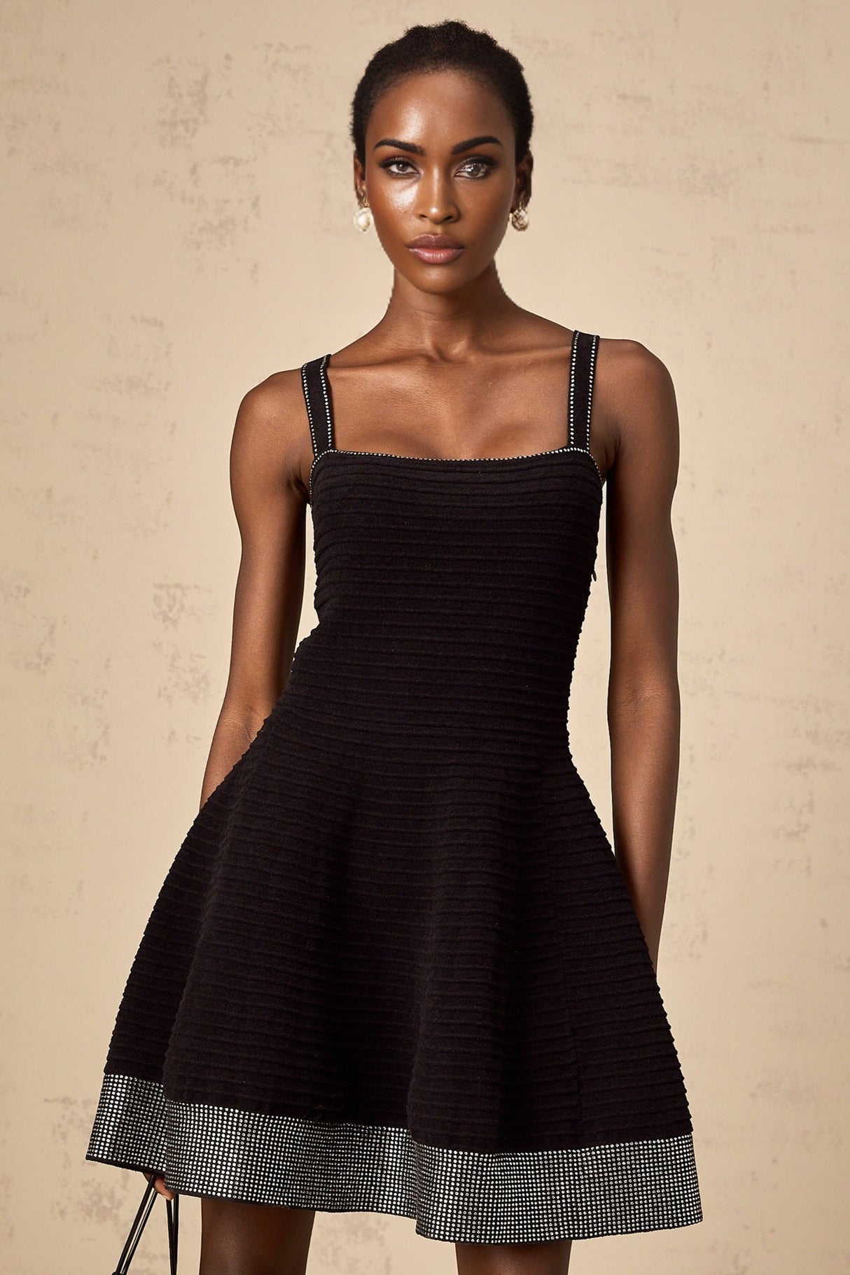 Rosalie Mini Dress Black Stud Flared Square Neck Knit