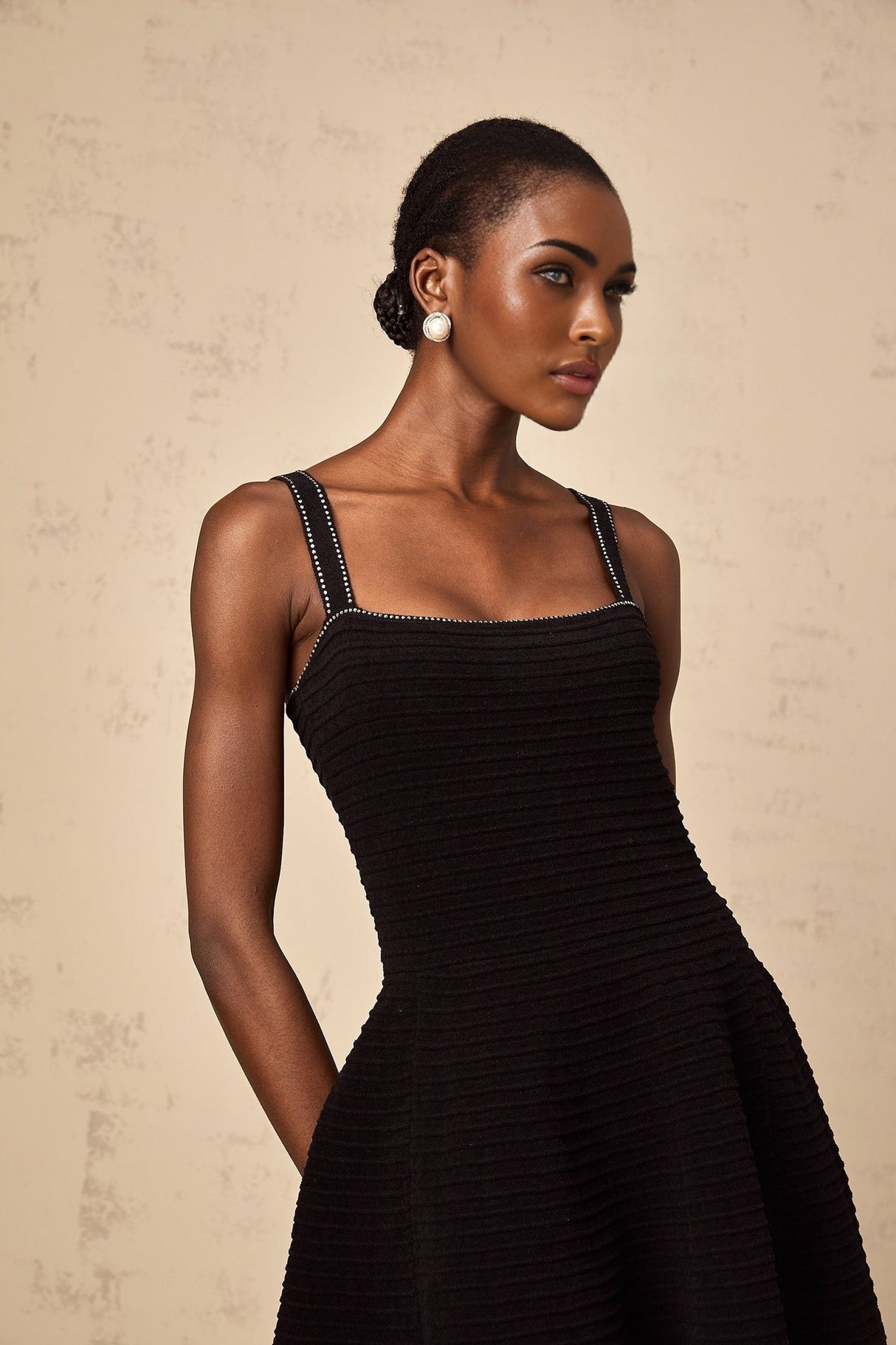 Rosalie Mini Dress Black Stud Flared Square Neck Knit