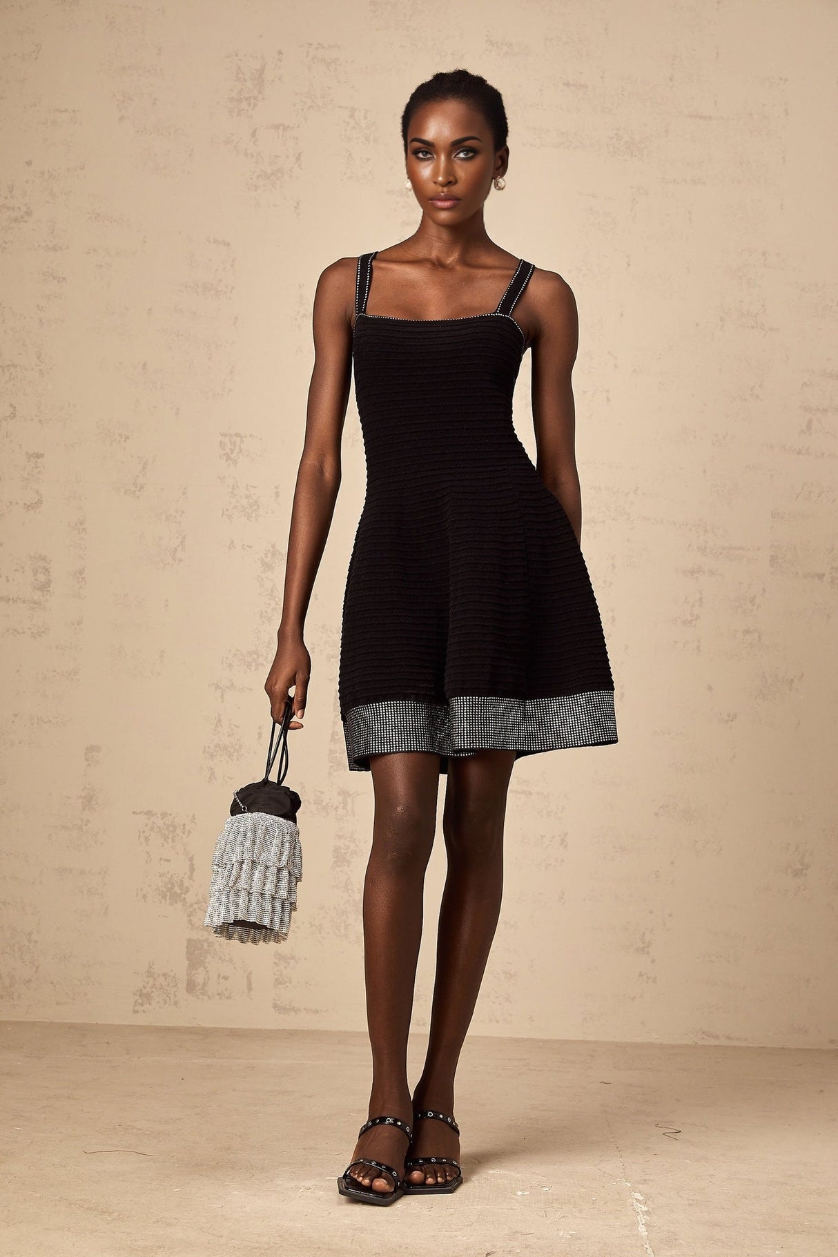 Rosalie Mini Dress Black Stud Flared Square Neck Knit