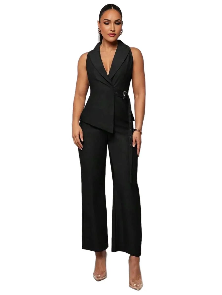Rosangela Jumpsuit - Lapel Neckline - High Waist - Elegant Style - Wrap Details - Extra Long Length