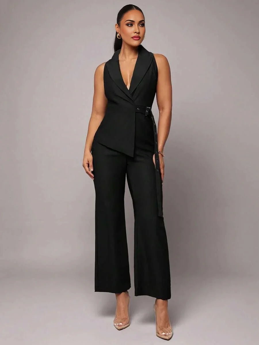 Rosangela Jumpsuit - Lapel Neckline - High Waist - Elegant Style - Wrap Details - Extra Long Length