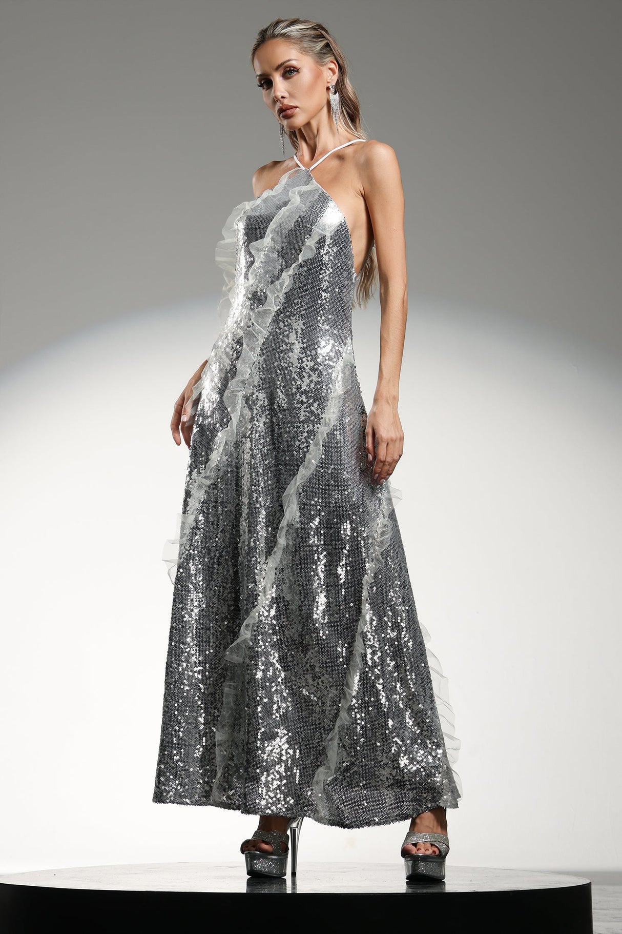 Rosangela Silver Sequined Halter Maxi Dress