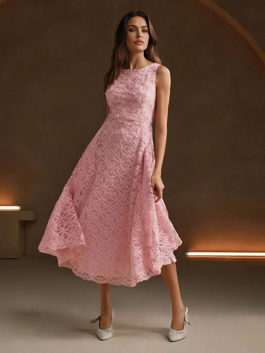 Rosanna Midi Dress - Round Neck - High Waist - A Line - Zipper - Elegant