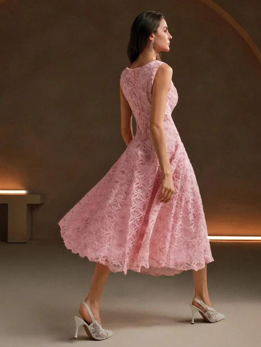 Rosanna Midi Dress - Round Neck - High Waist - A Line - Zipper - Elegant