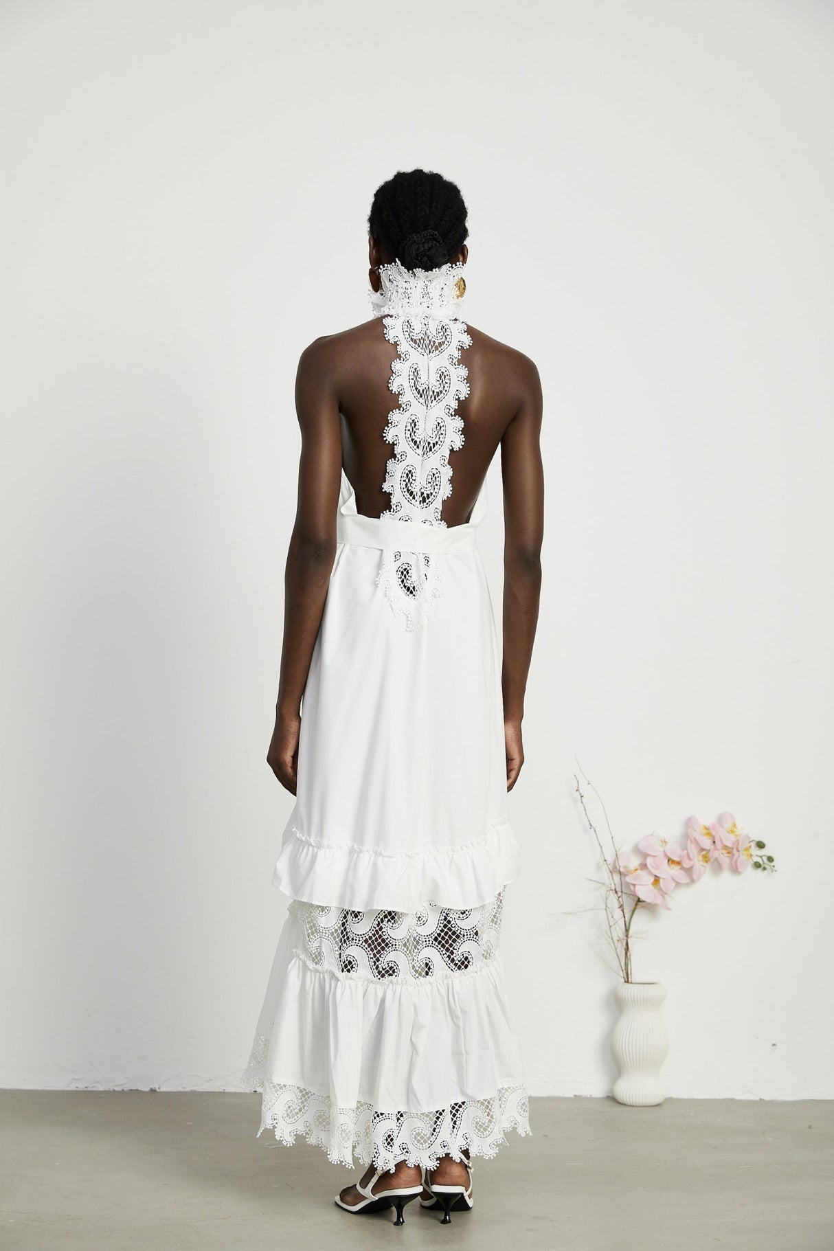 Rosanna Midi Dress White Guipure Lace Tiered Cut Out Design