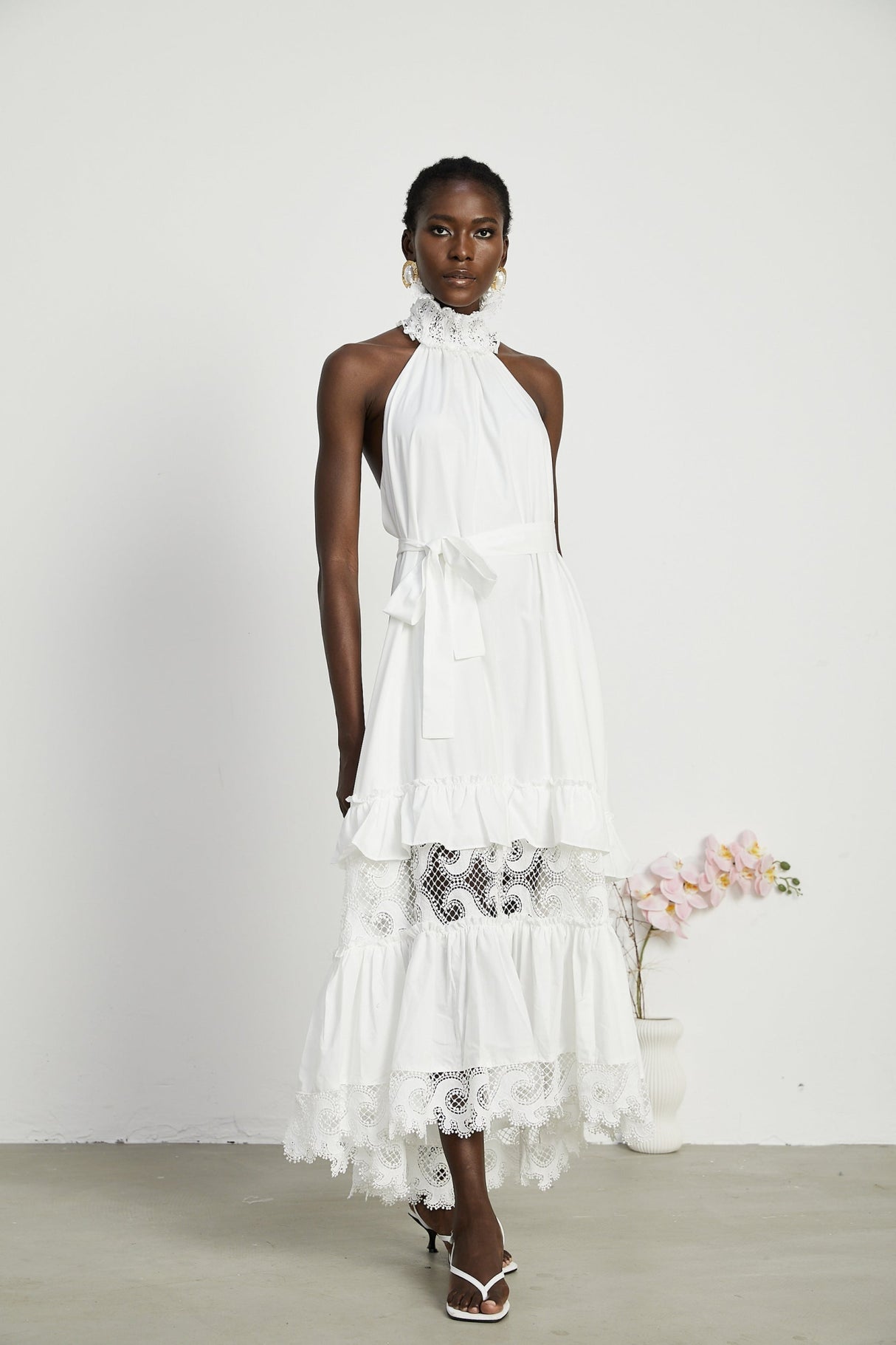 Rosanna Midi Dress White Guipure Lace Tiered Cut Out Design