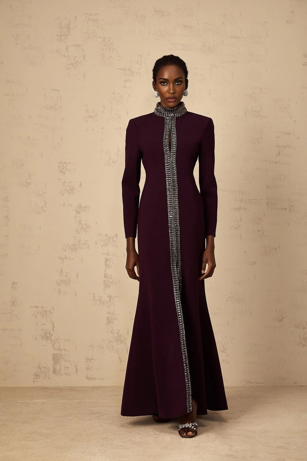 Rosaura Maxi Dress Deep Purple Flared Rhinestone Embellished