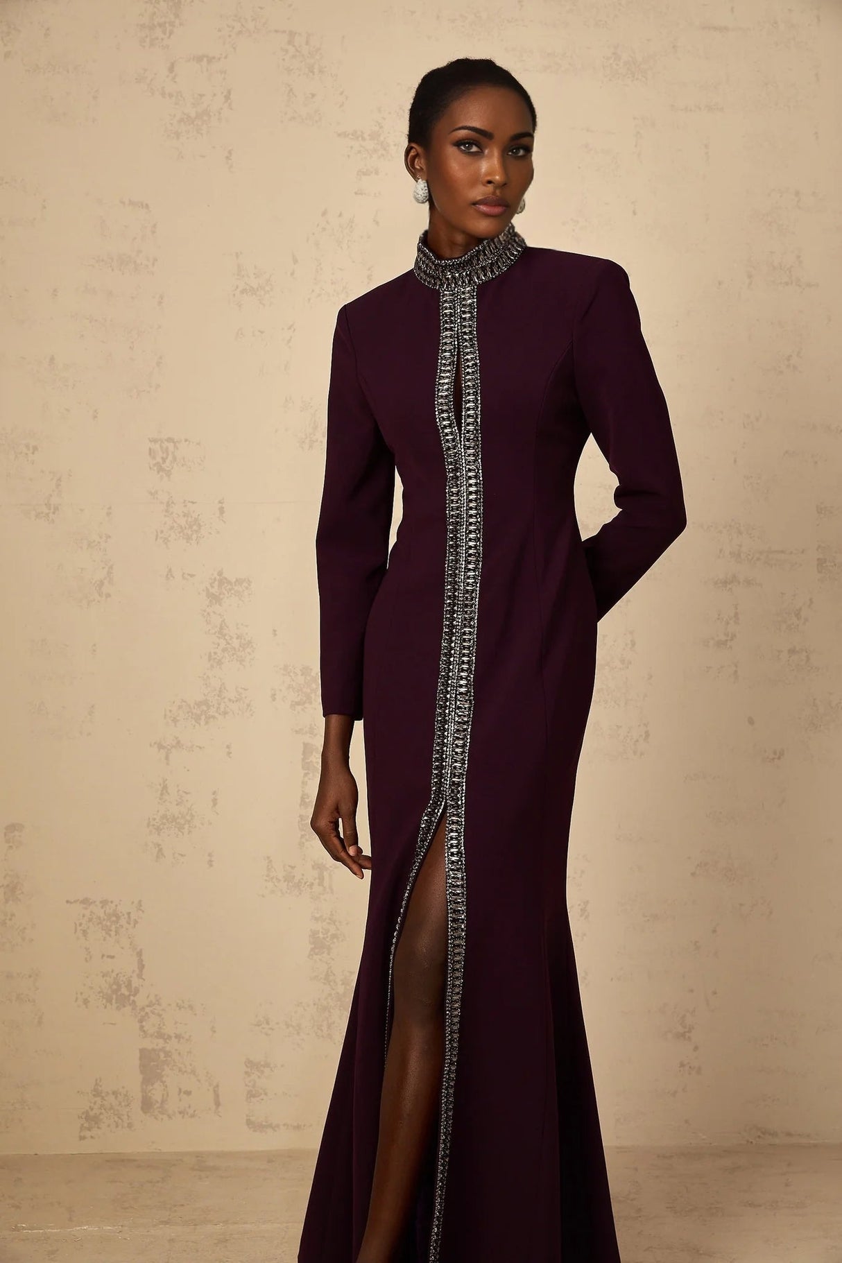 Rosaura Maxi Dress Deep Purple Flared Rhinestone Embellished