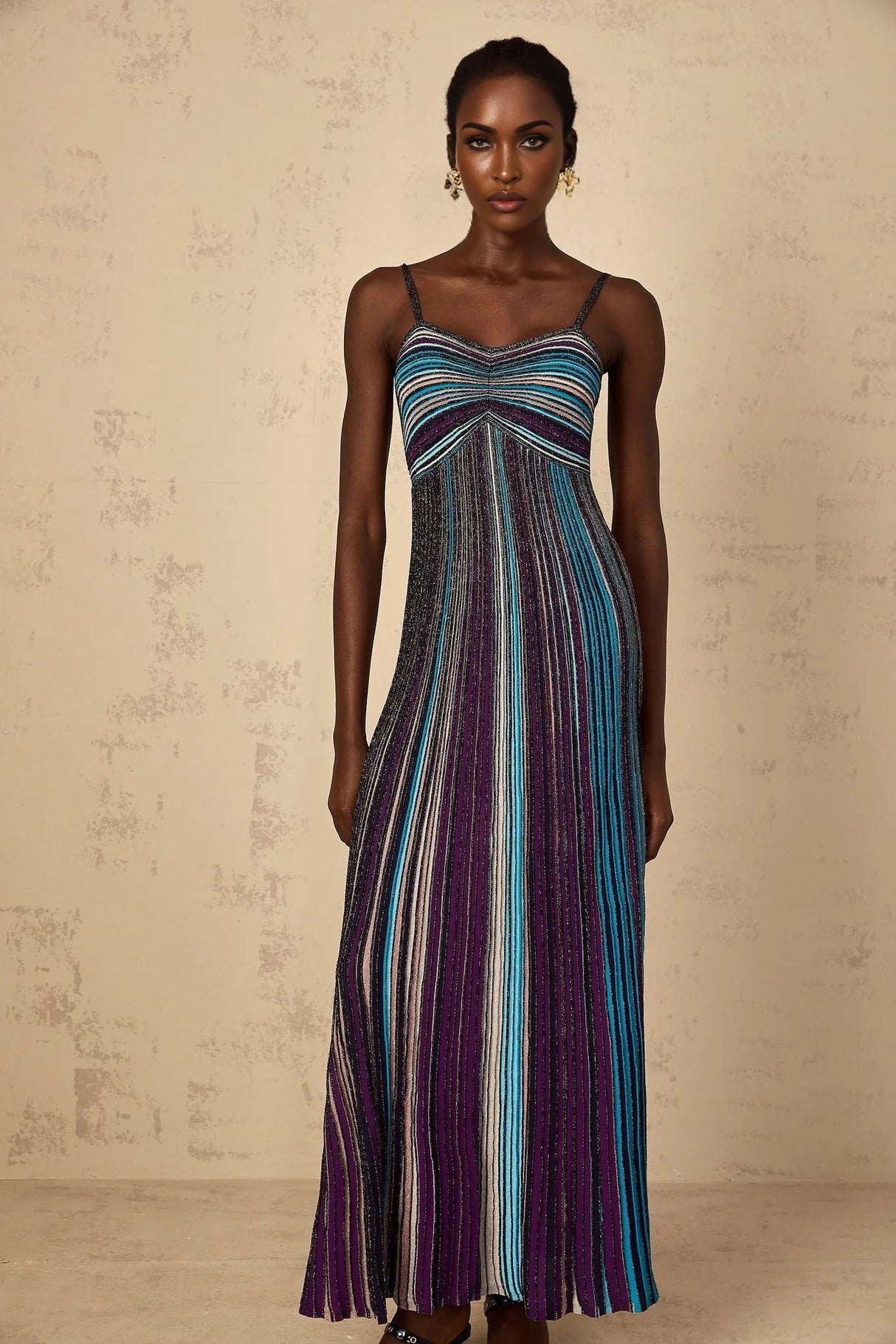 Rosaura Maxi Dress Purple Sequin Stripe Knit & Metallic Texture