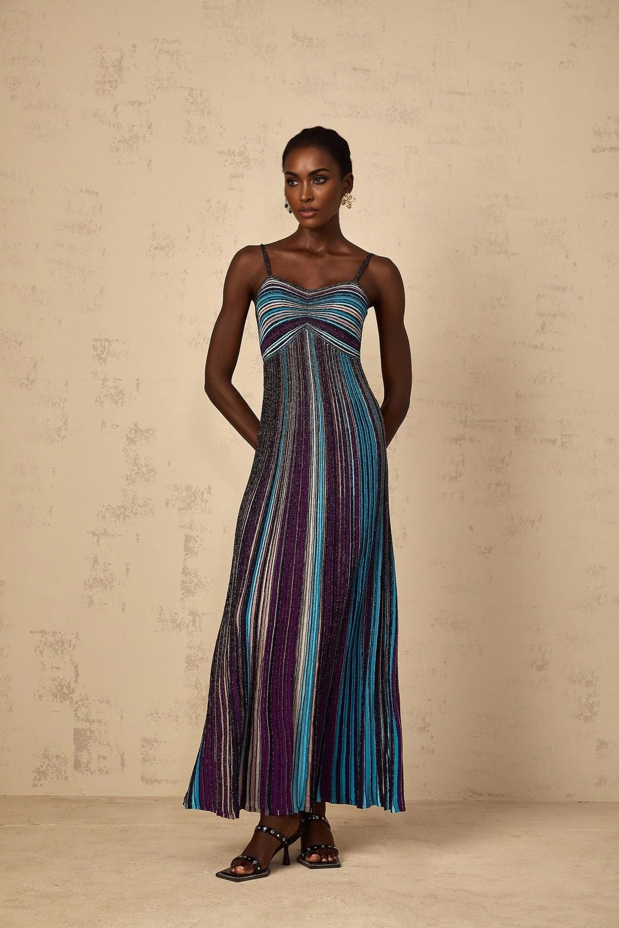 Rosaura Maxi Dress Purple Sequin Stripe Knit & Metallic Texture