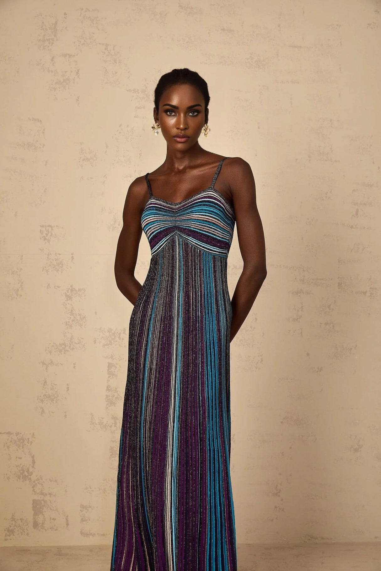 Rosaura Maxi Dress Purple Sequin Stripe Knit & Metallic Texture