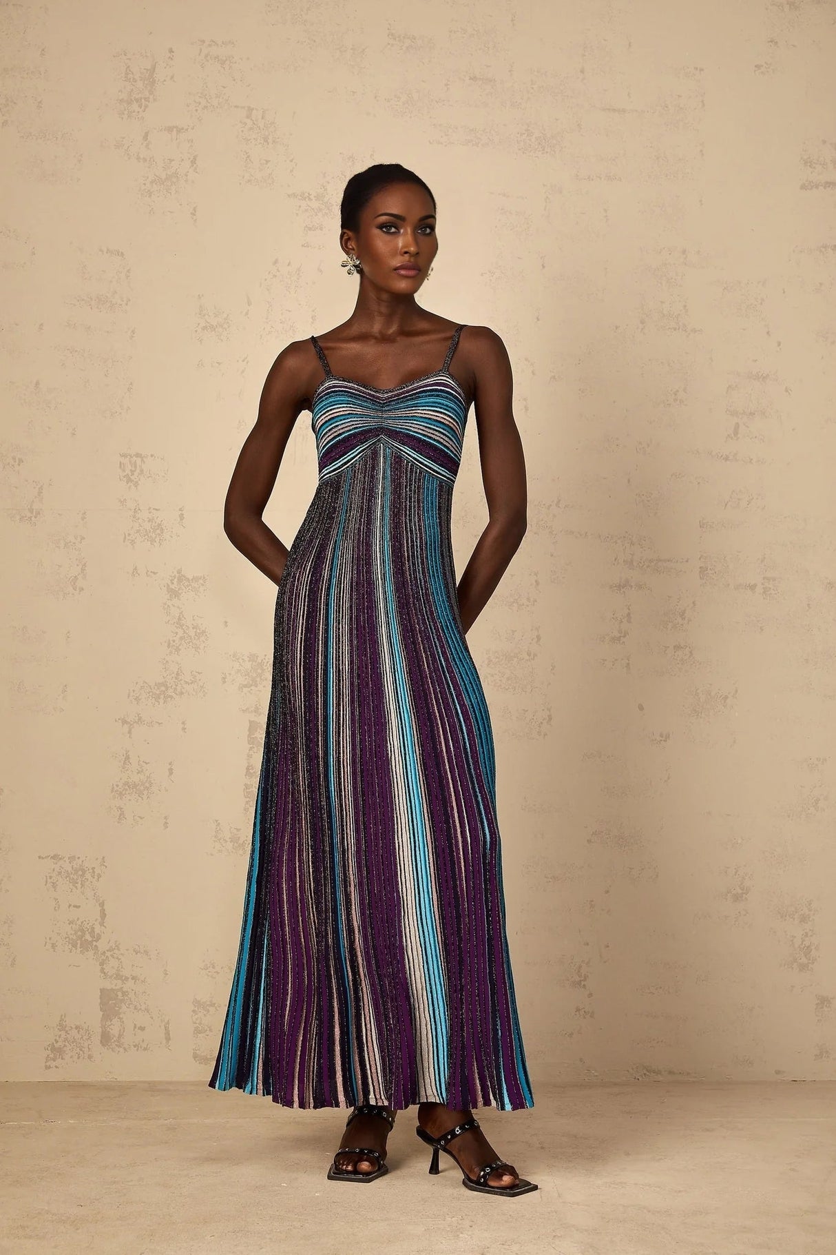 Rosaura Maxi Dress Purple Sequin Stripe Knit & Metallic Texture