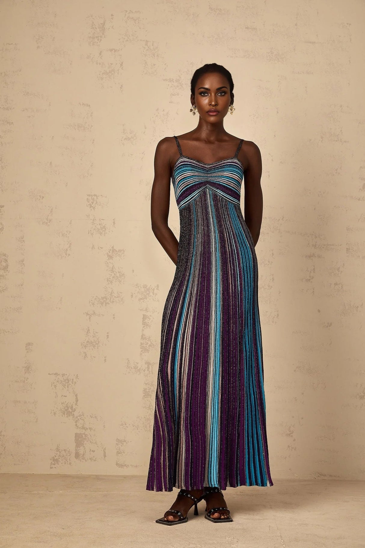 Rosaura Maxi Dress Purple Sequin Stripe Knit & Metallic Texture