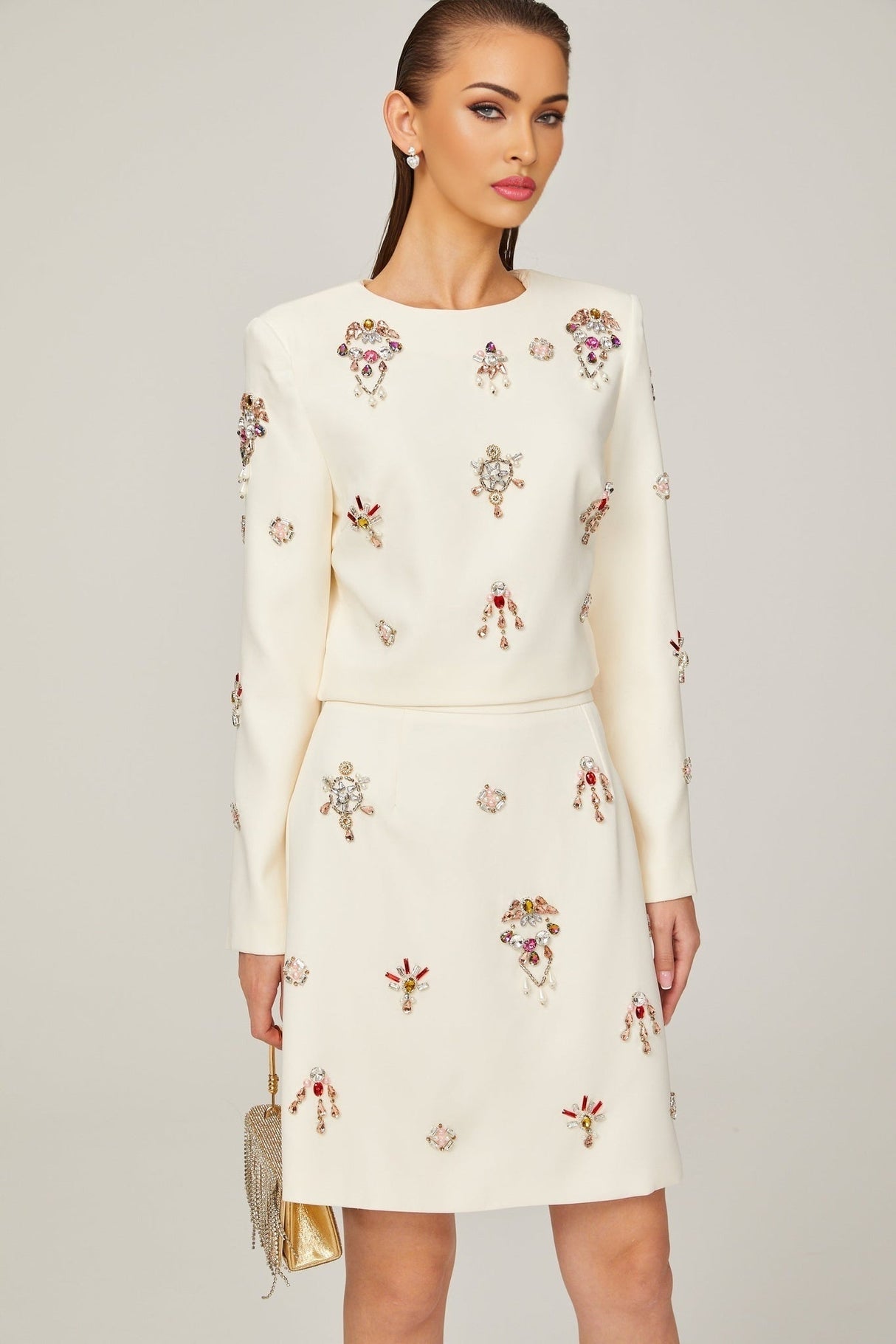 Rosaura Skirt & Top Set Crystal Embellished White