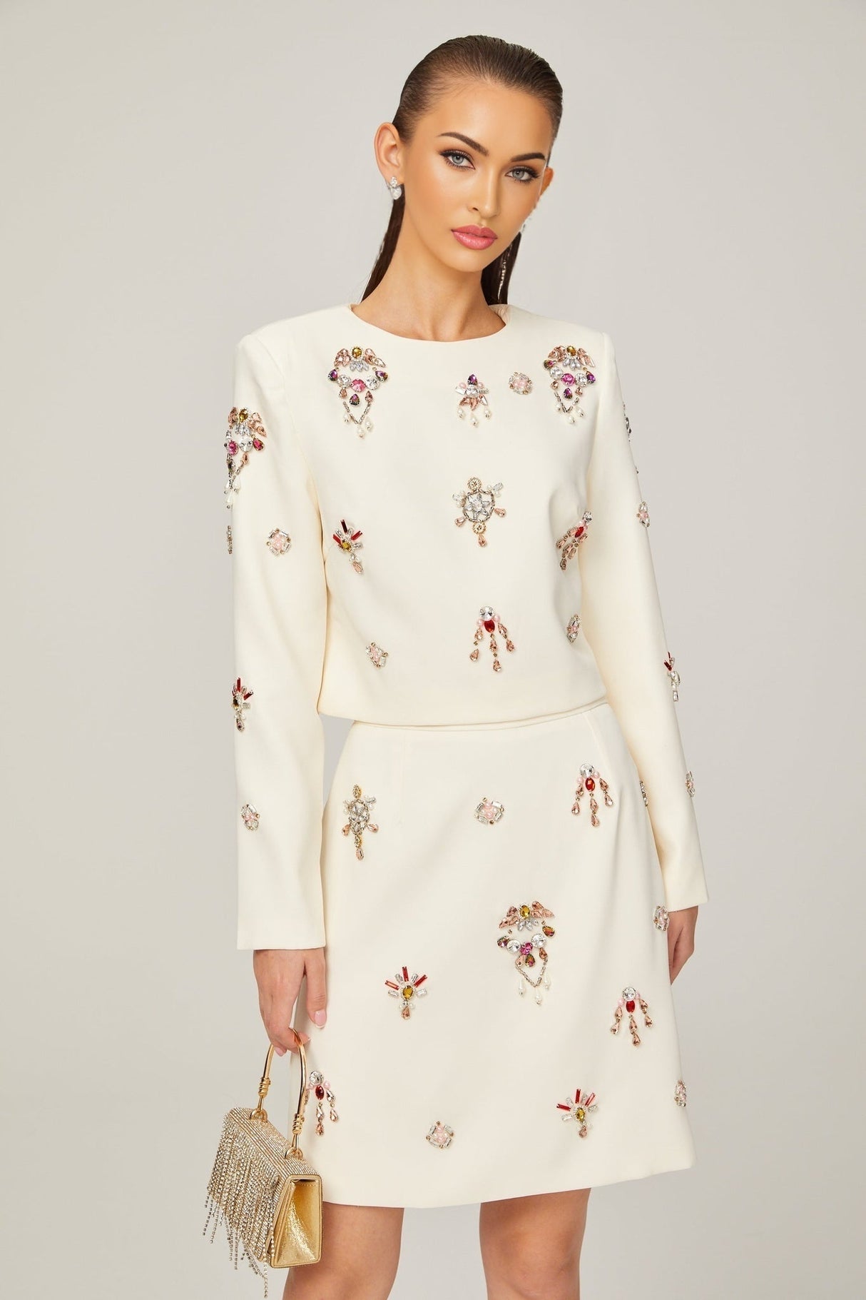 Rosaura Skirt & Top Set Crystal Embellished White