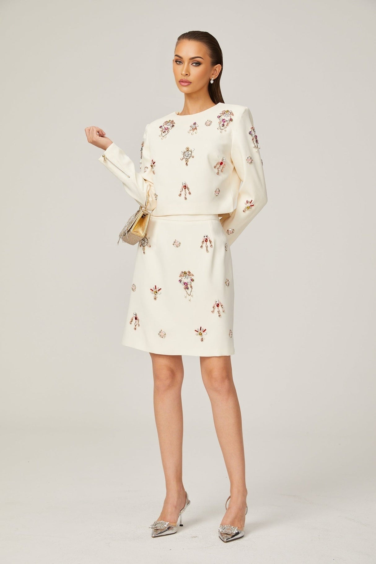 Rosaura Skirt & Top Set Crystal Embellished White