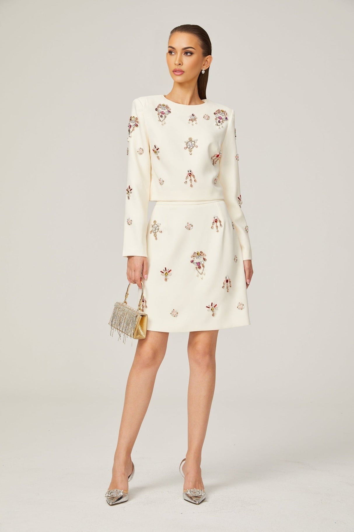 Rosaura Skirt & Top Set Crystal Embellished White