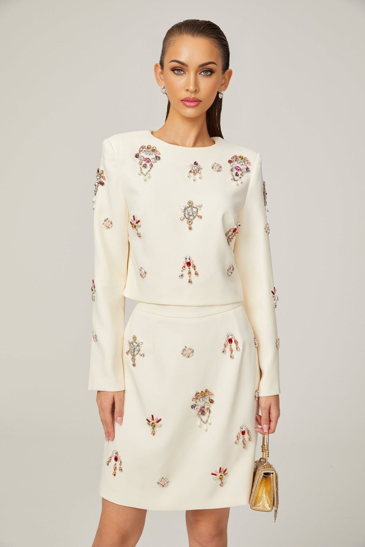 Rosaura Skirt & Top Set Crystal Embellished White