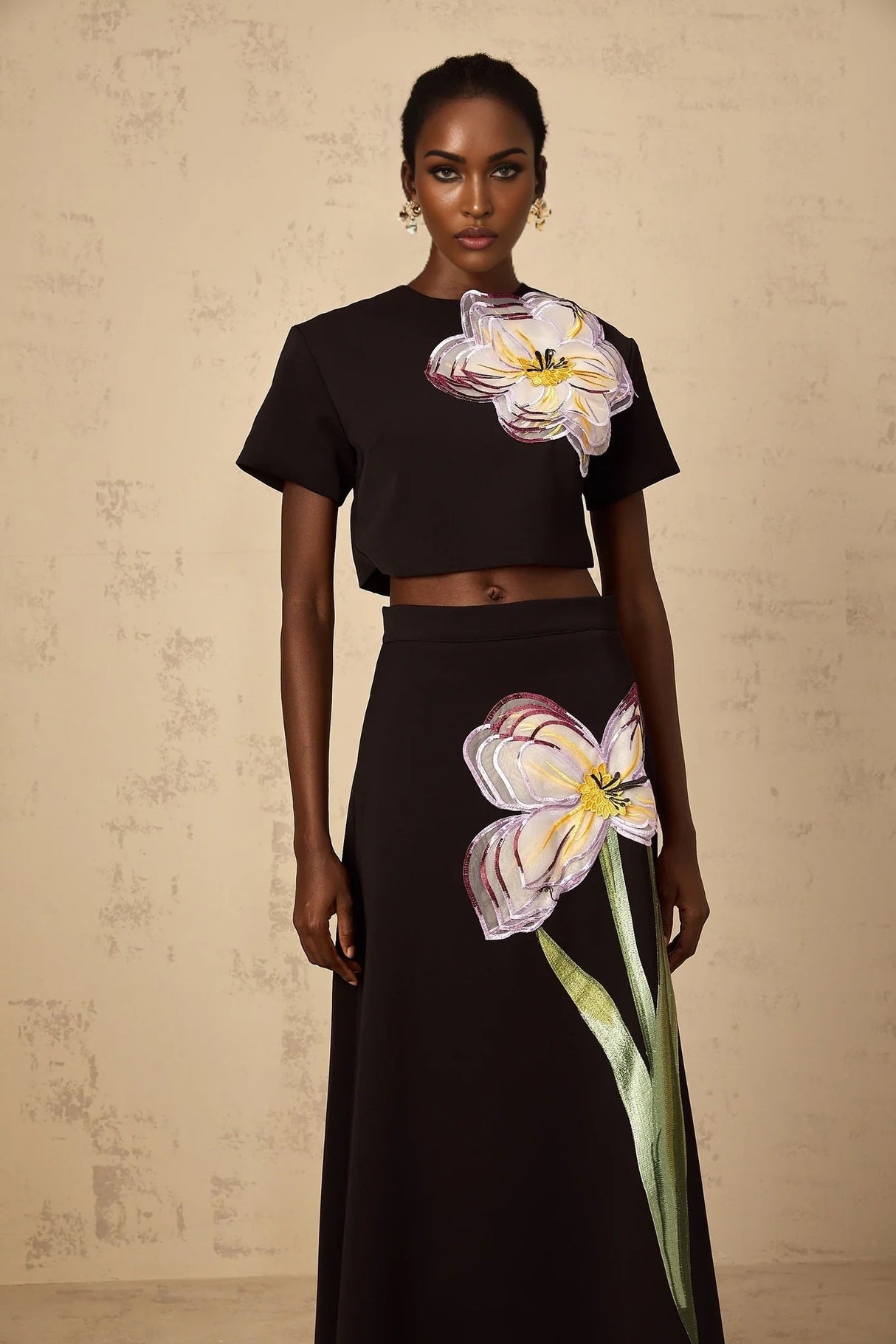 Rosaura Top & Skirt Set with Floral Appliqué in Black