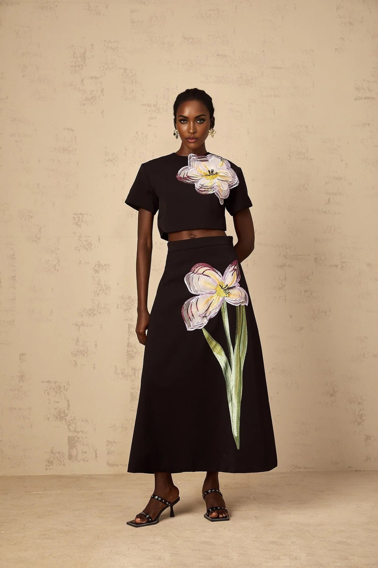 Rosaura Top & Skirt Set with Floral Appliqué in Black