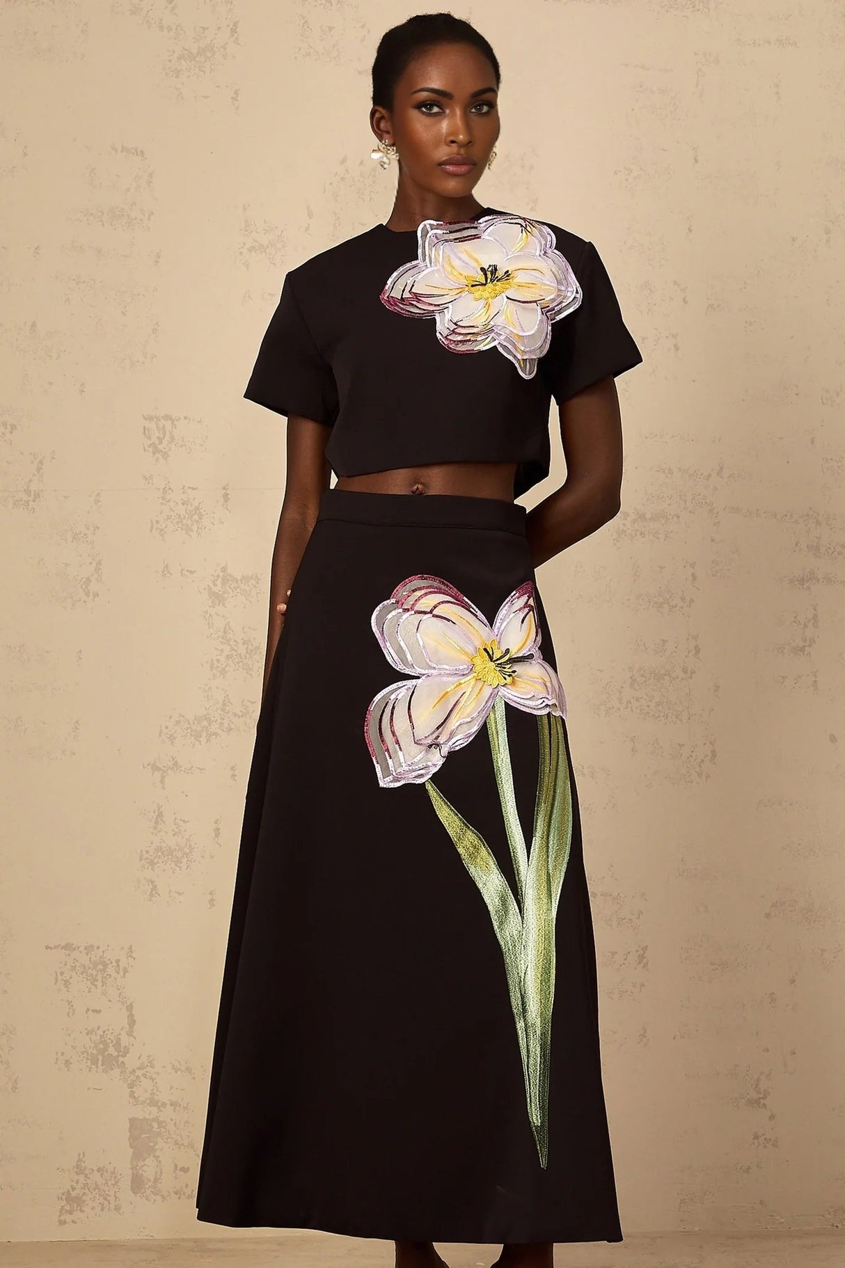 Rosaura Top & Skirt Set with Floral Appliqué in Black