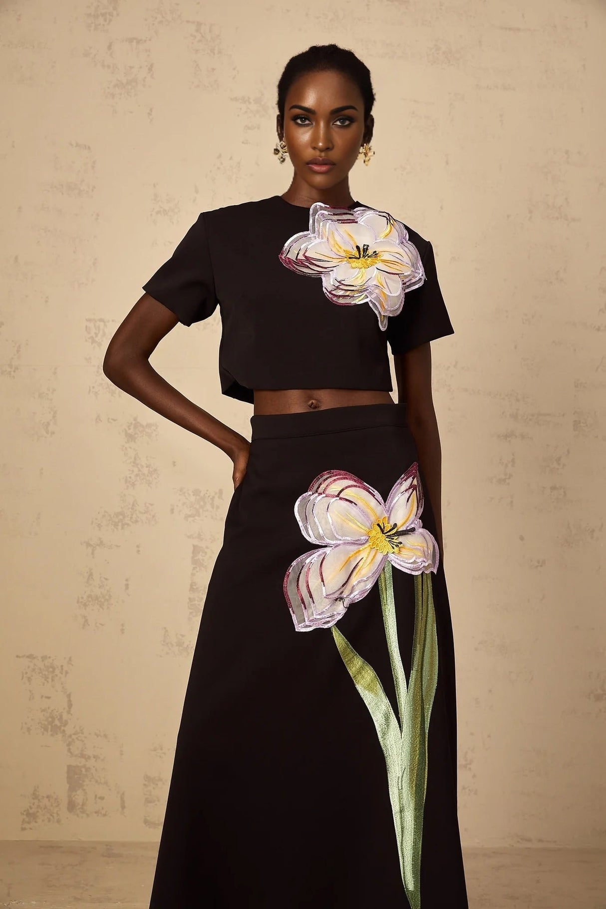 Rosaura Top & Skirt Set with Floral Appliqué in Black