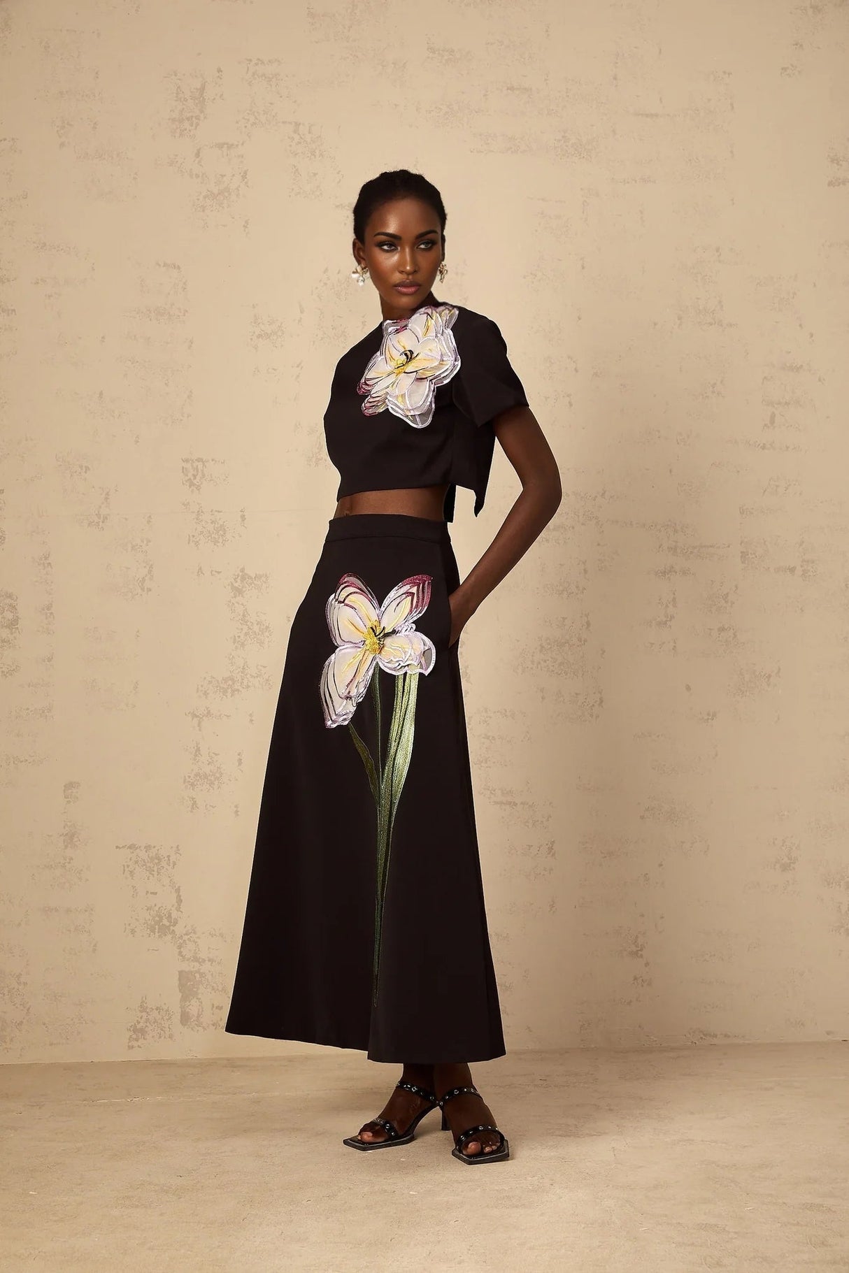Rosaura Top & Skirt Set with Floral Appliqué in Black