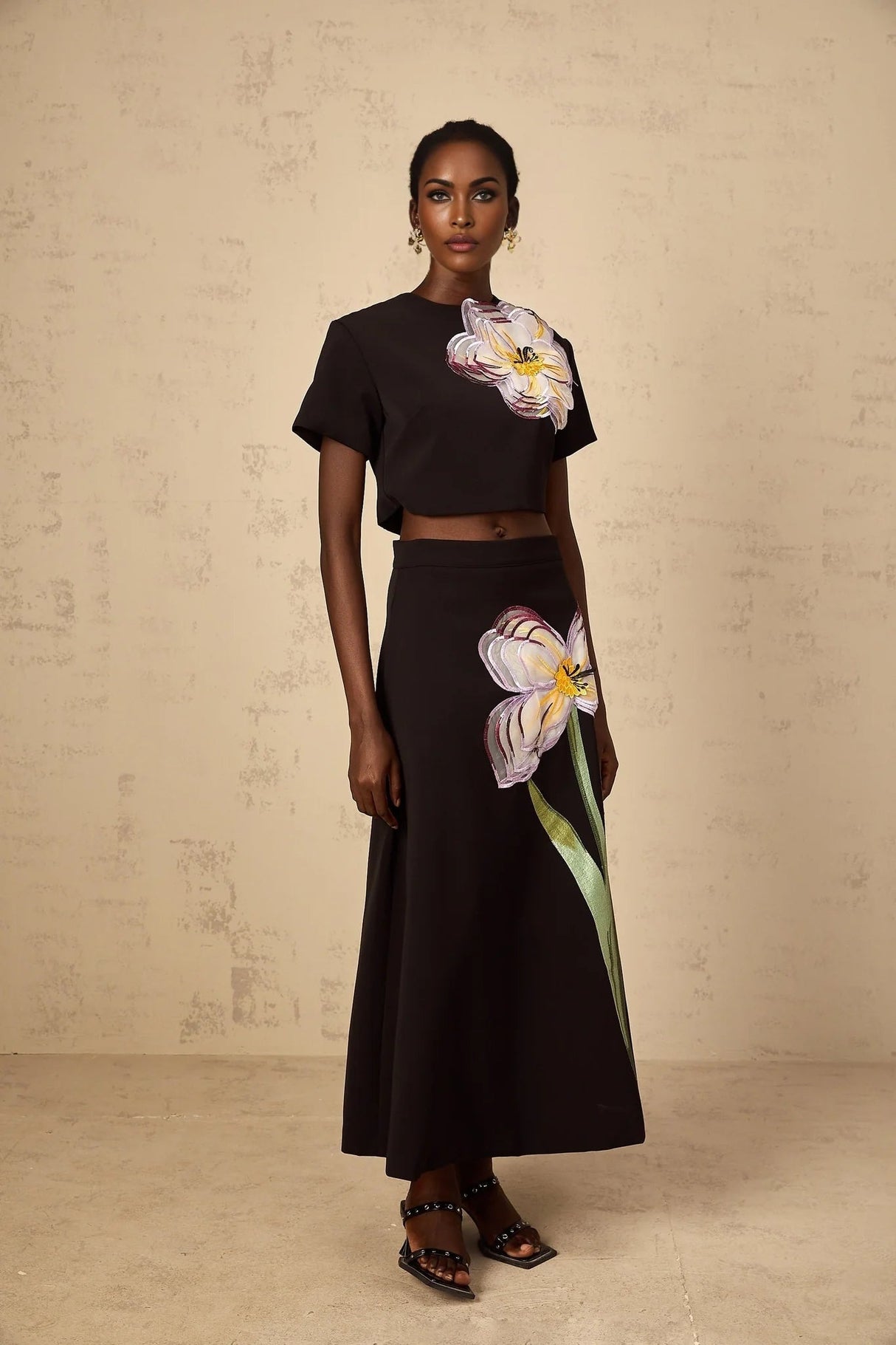 Rosaura Top & Skirt Set with Floral Appliqué in Black