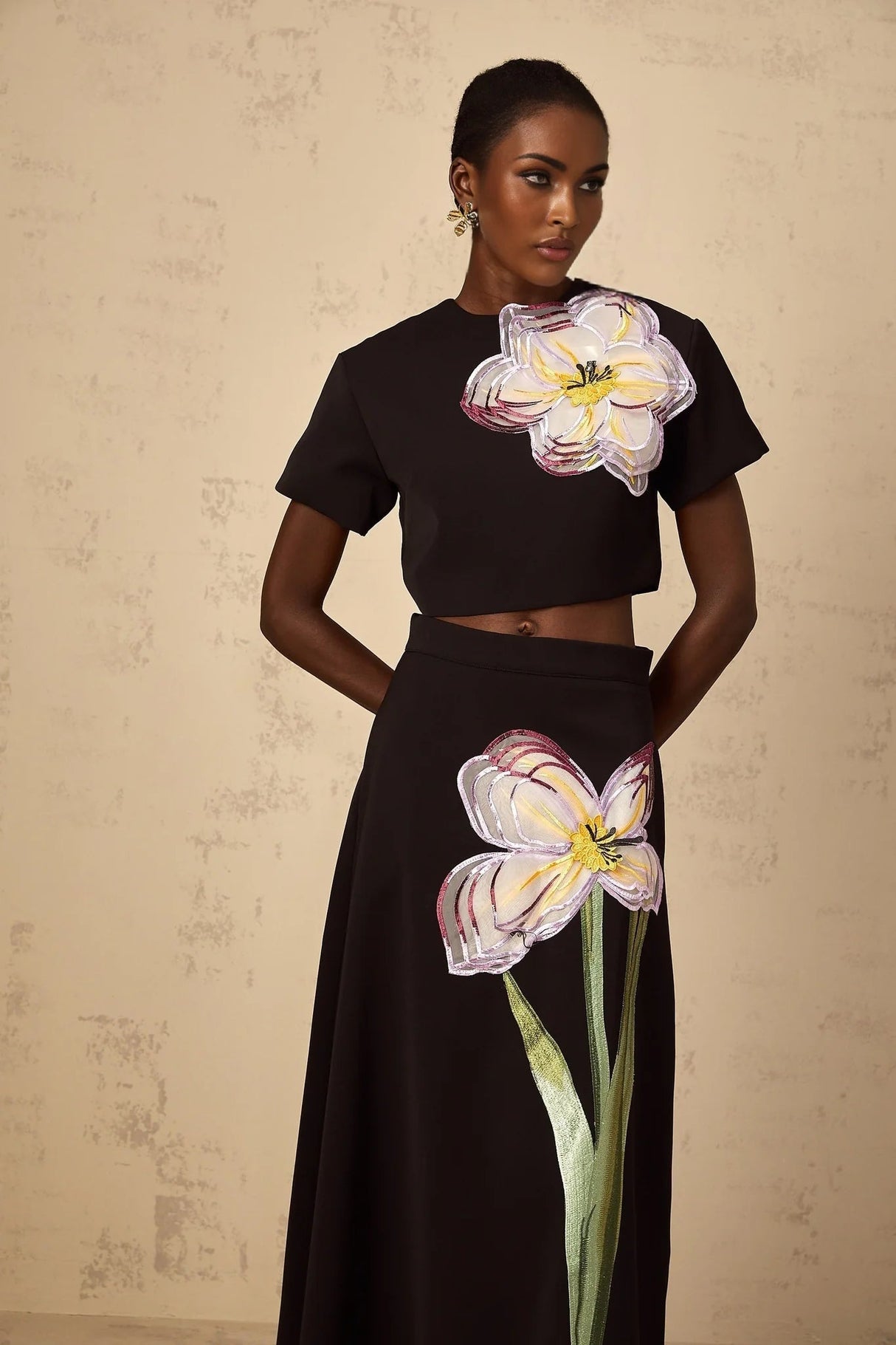 Rosaura Top & Skirt Set with Floral Appliqué in Black