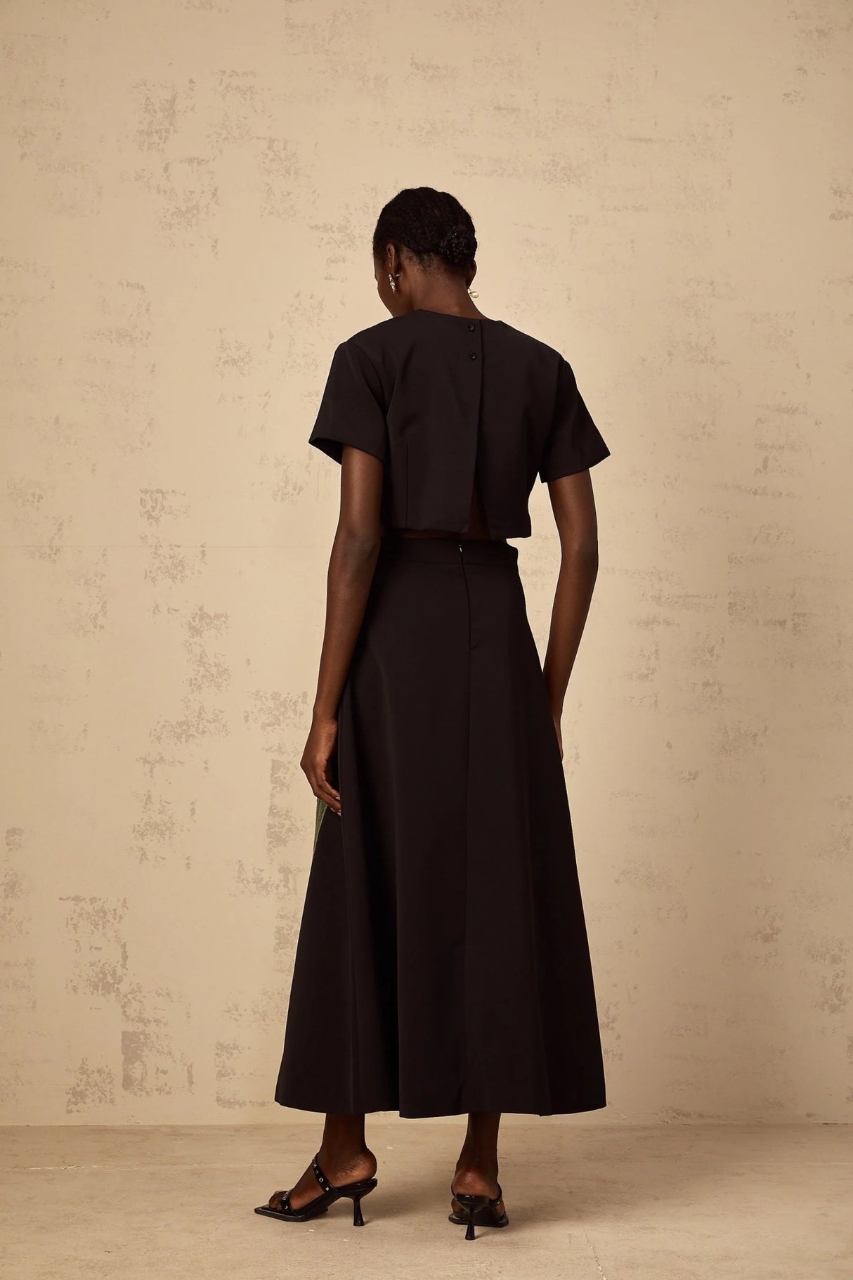 Rosaura Top & Skirt Set with Floral Appliqué in Black