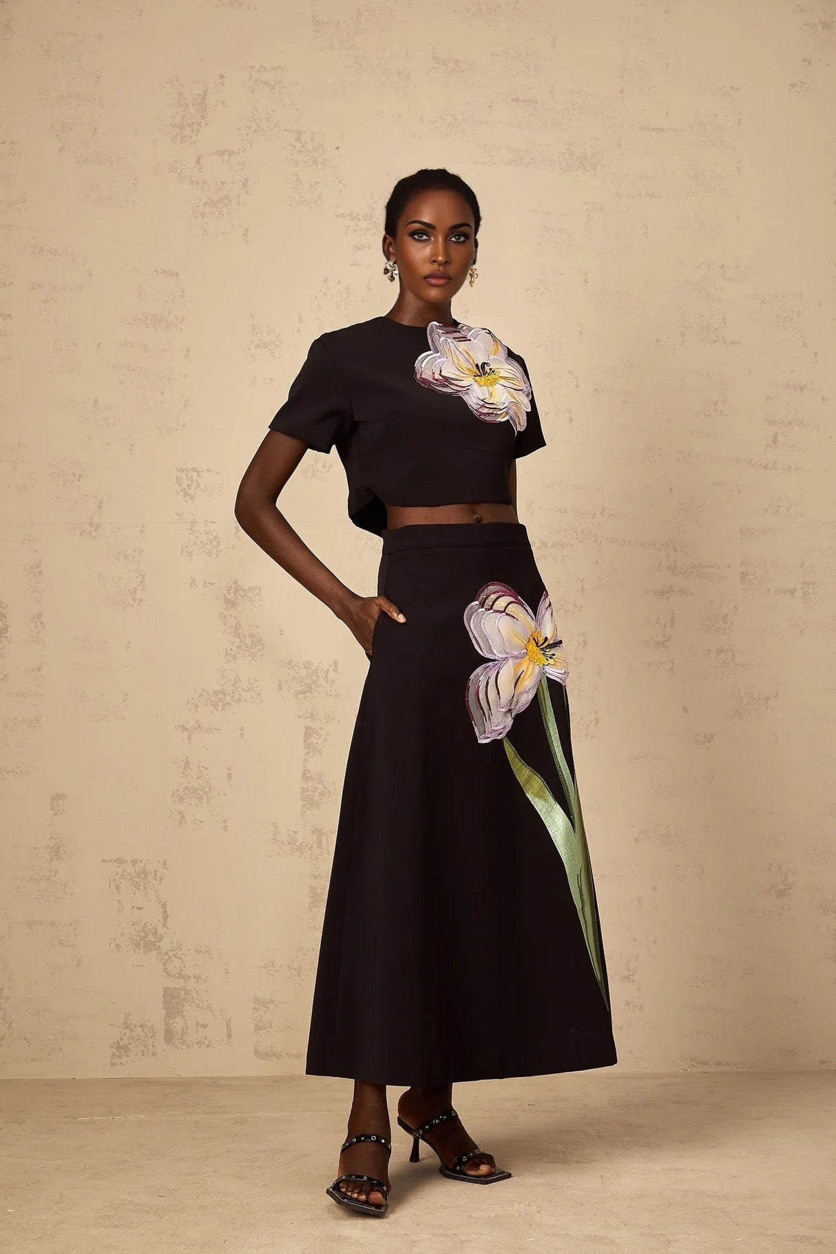 Rosaura Top & Skirt Set with Floral Appliqué in Black